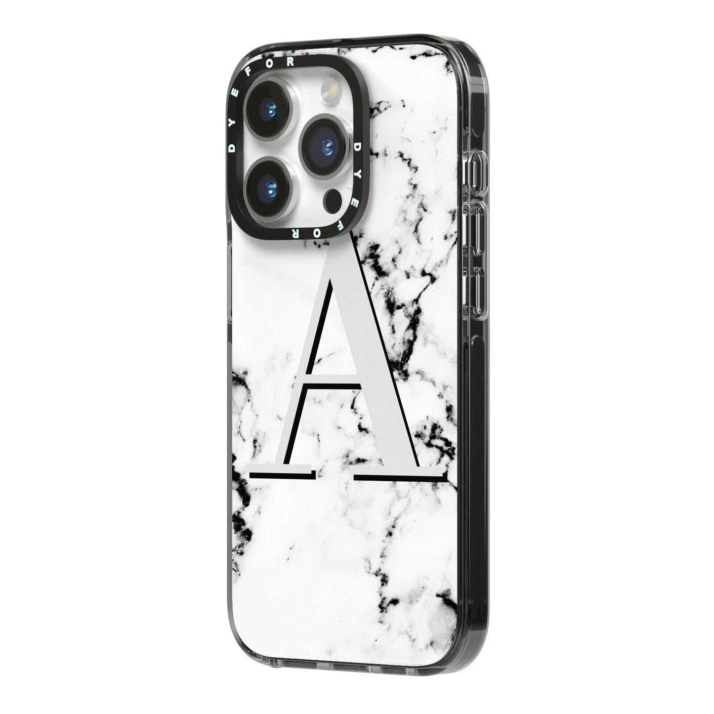 Personalised Grey Large Initial Marble iPhone 14 Pro Black Impact Case Side Angle on Silver phone