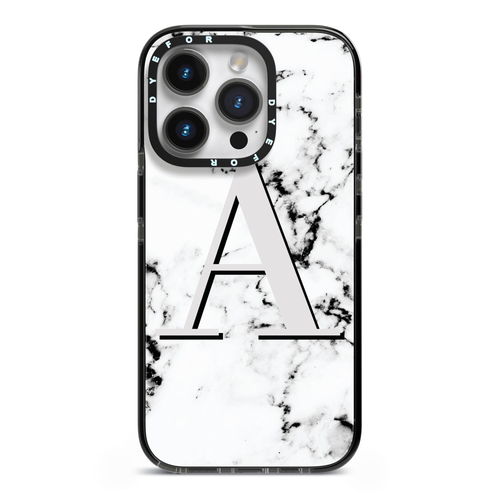 Personalised Grey Large Initial Marble iPhone 14 Pro Black Impact Case on Silver phone