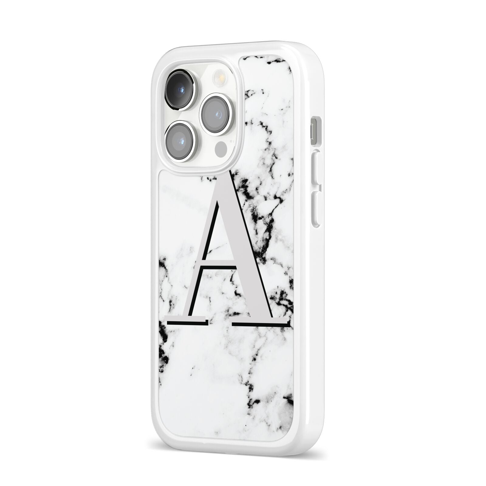 Personalised Grey Large Initial Marble iPhone 14 Pro Clear Tough Case Silver Angled Image