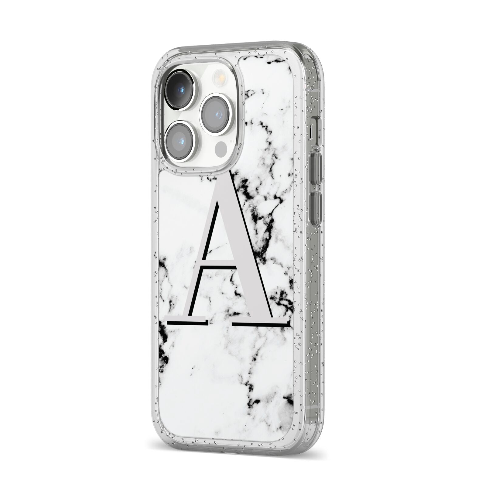 Personalised Grey Large Initial Marble iPhone 14 Pro Glitter Tough Case Silver Angled Image