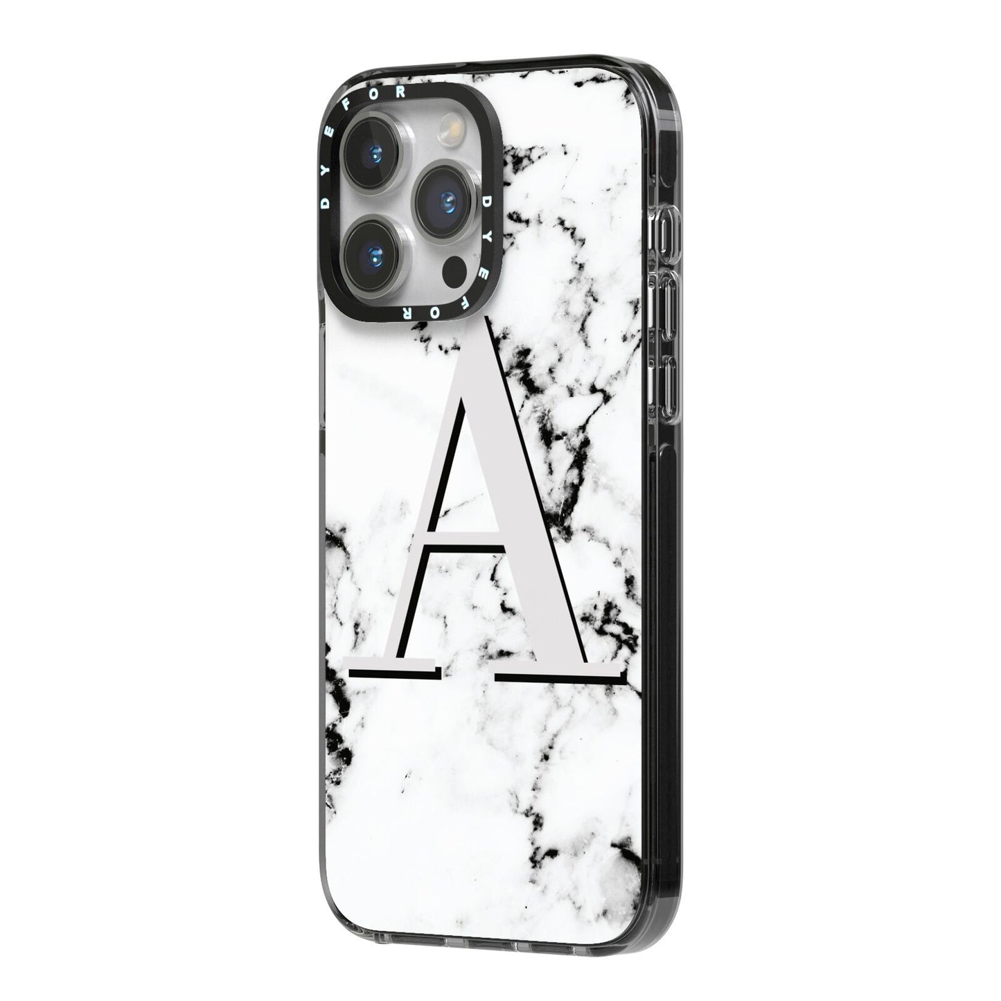 Personalised Grey Large Initial Marble iPhone 14 Pro Max Black Impact Case Side Angle on Silver phone