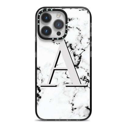 Personalised Grey Large Initial Marble iPhone 14 Pro Max Black Impact Case on Silver phone