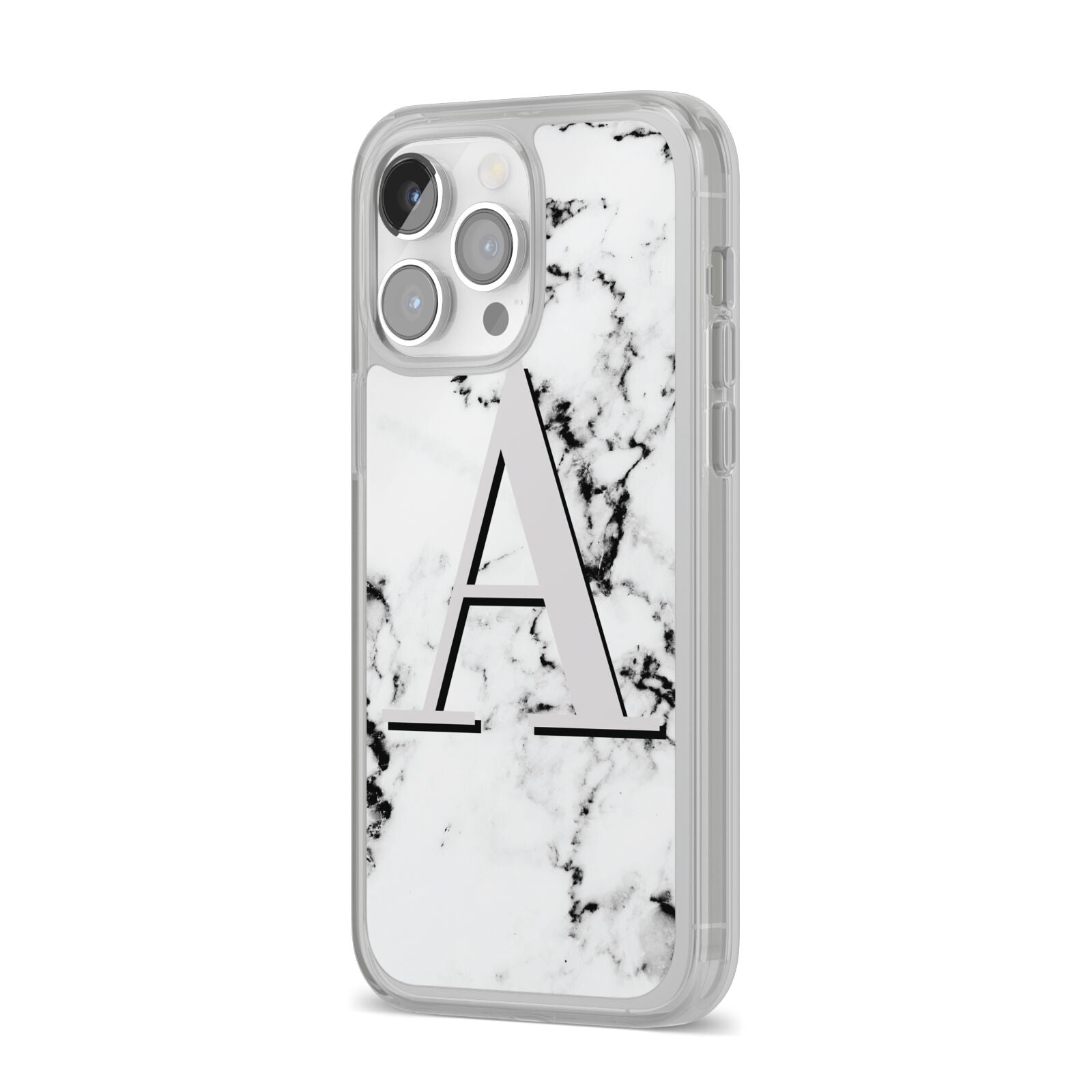 Personalised Grey Large Initial Marble iPhone 14 Pro Max Clear Tough Case Silver Angled Image