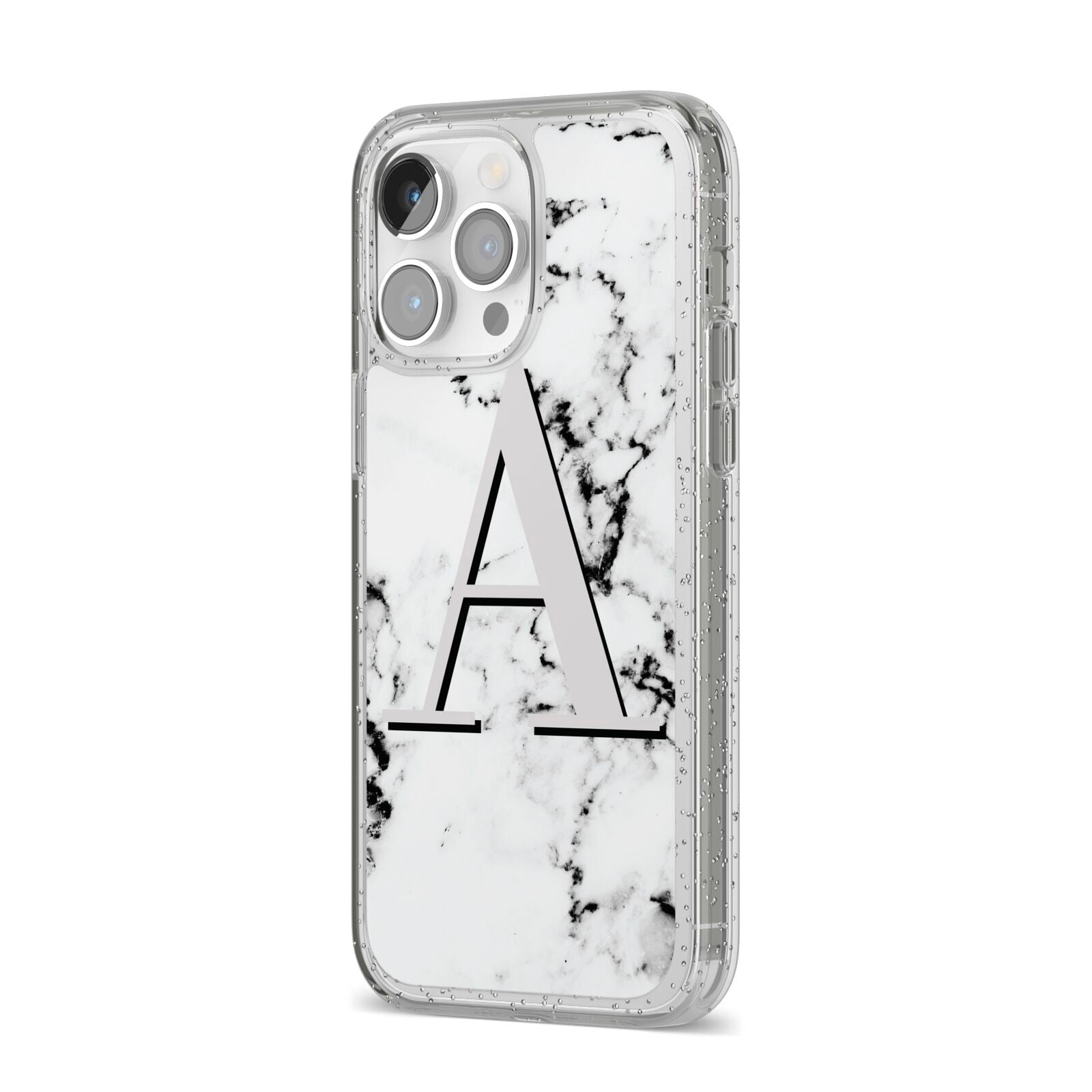 Personalised Grey Large Initial Marble iPhone 14 Pro Max Glitter Tough Case Silver Angled Image