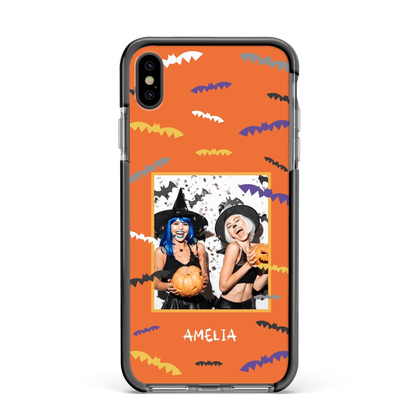 Personalised Halloween Bats Photo Upload Apple iPhone Xs Max Impact Case Black Edge on Black Phone