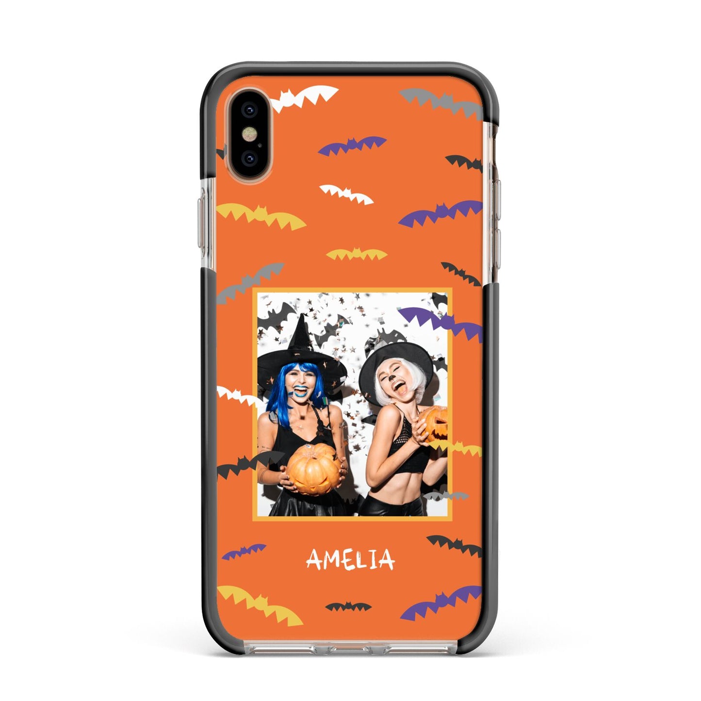 Personalised Halloween Bats Photo Upload Apple iPhone Xs Max Impact Case Black Edge on Gold Phone