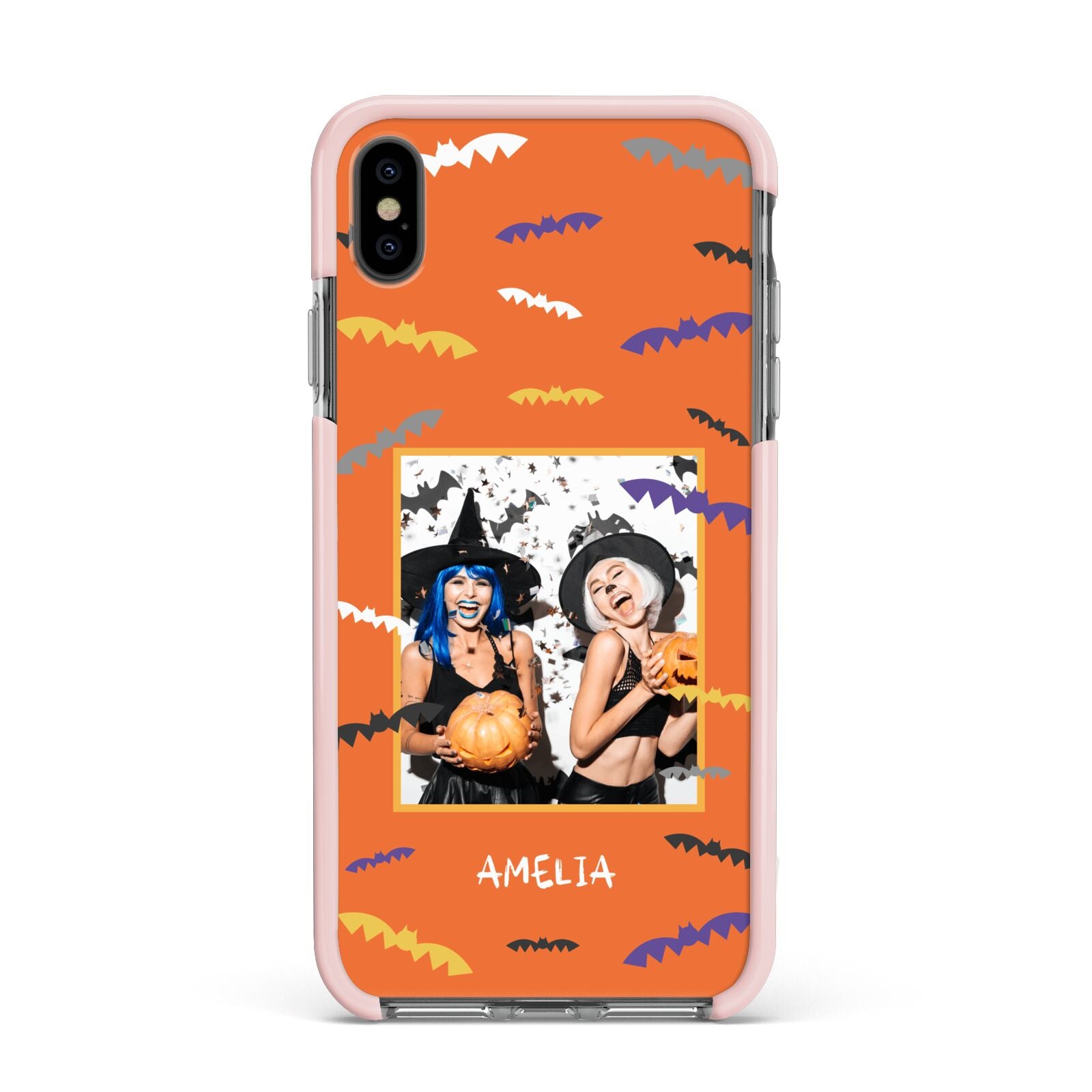 Personalised Halloween Bats Photo Upload Apple iPhone Xs Max Impact Case Pink Edge on Black Phone