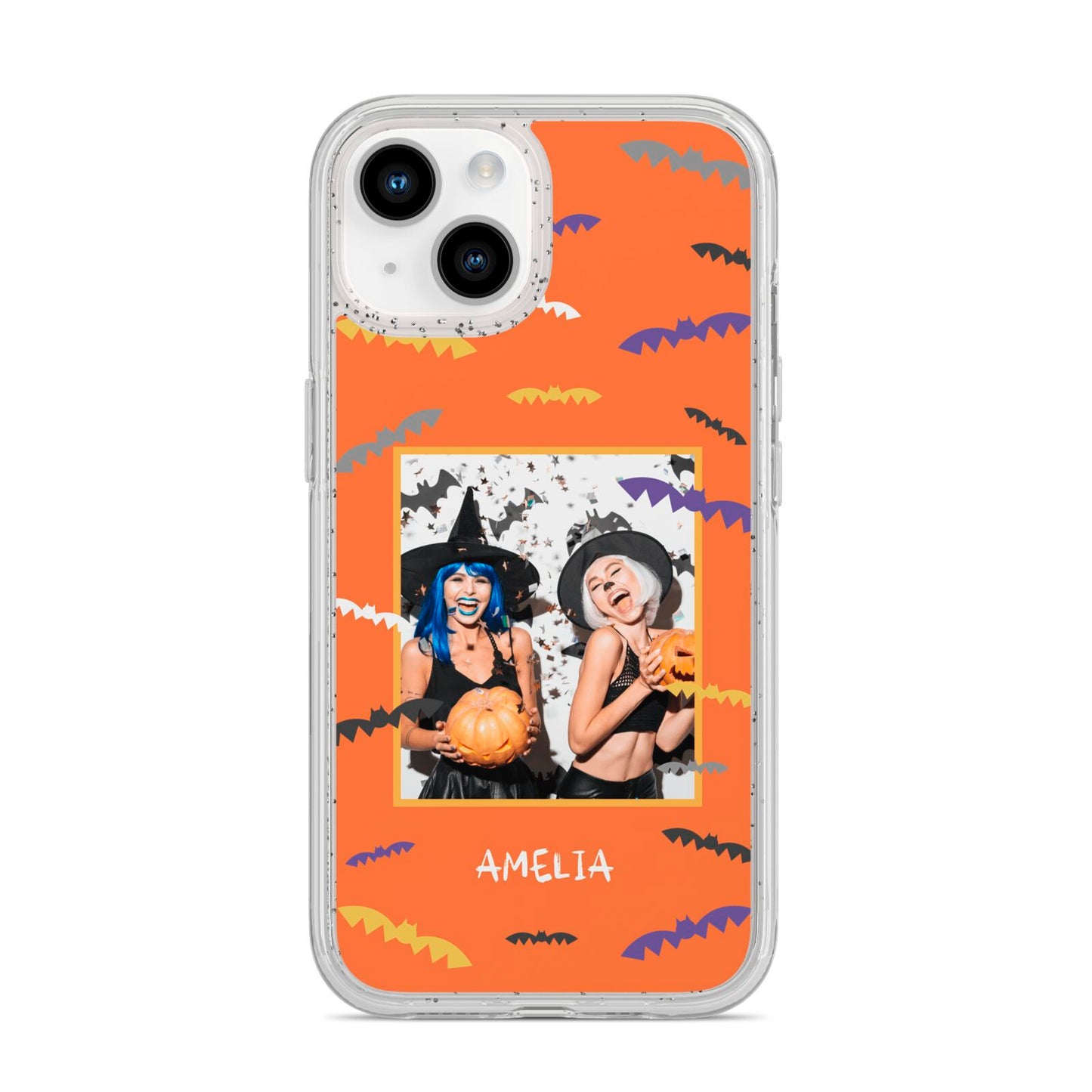 Personalised Halloween Bats Photo Upload iPhone 14 Glitter Tough Case Starlight