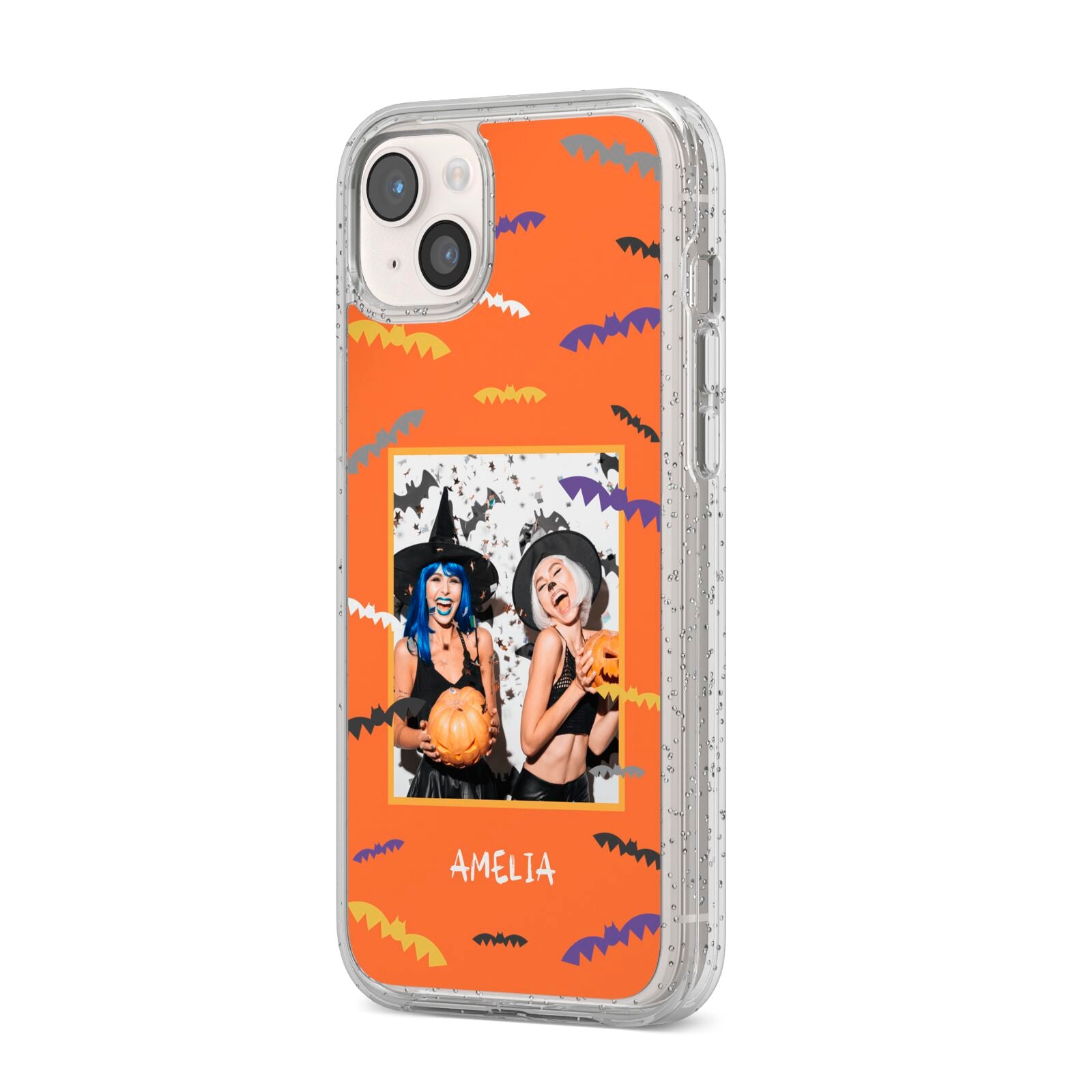 Personalised Halloween Bats Photo Upload iPhone 14 Plus Glitter Tough Case Starlight Angled Image