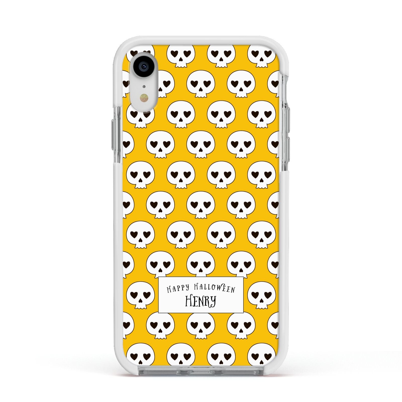 Personalised Halloween Heart Skulls Apple iPhone XR Impact Case White Edge on Silver Phone