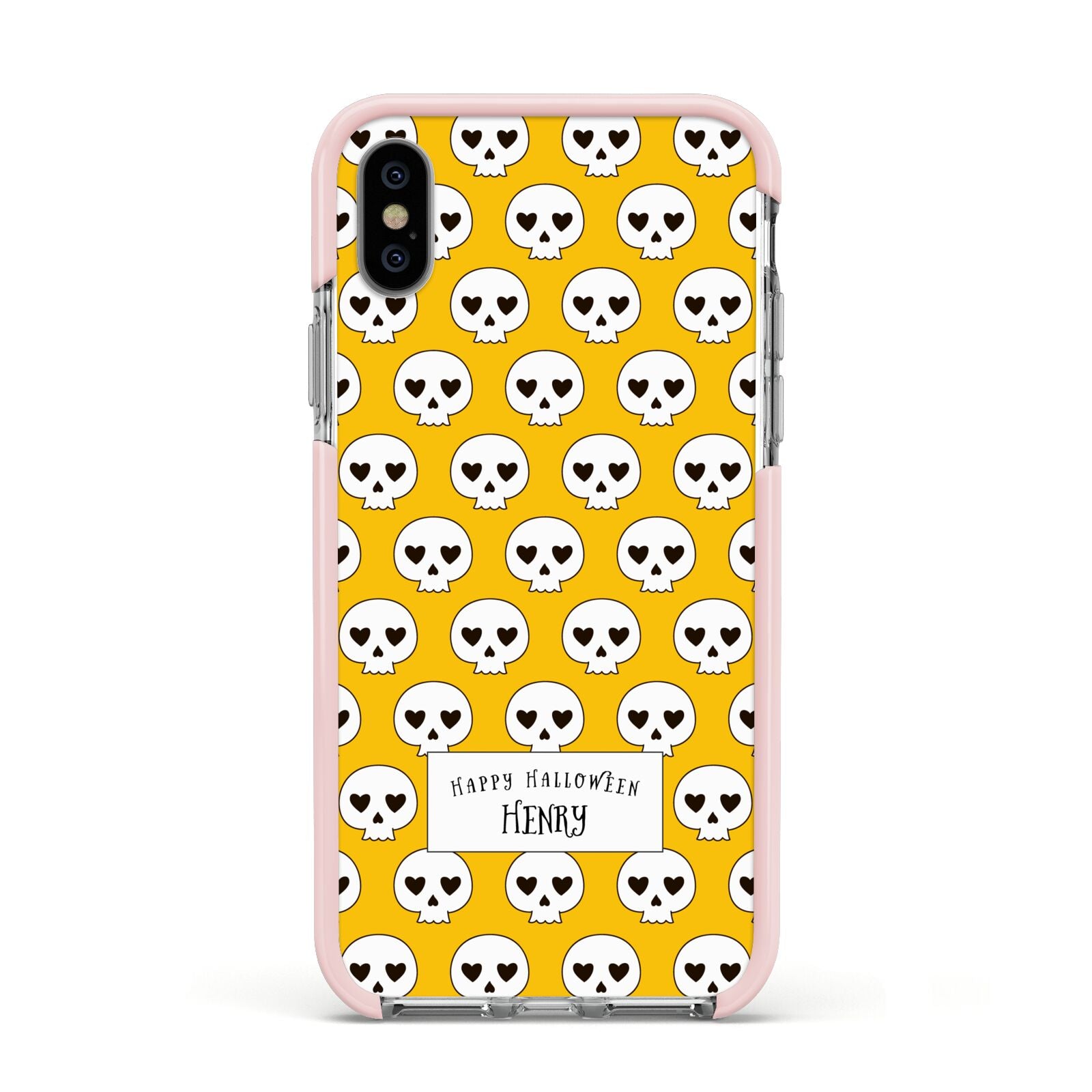 Personalised Halloween Heart Skulls Apple iPhone Xs Impact Case Pink Edge on Silver Phone