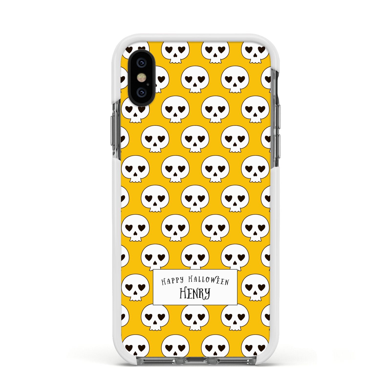 Personalised Halloween Heart Skulls Apple iPhone Xs Impact Case White Edge on Black Phone