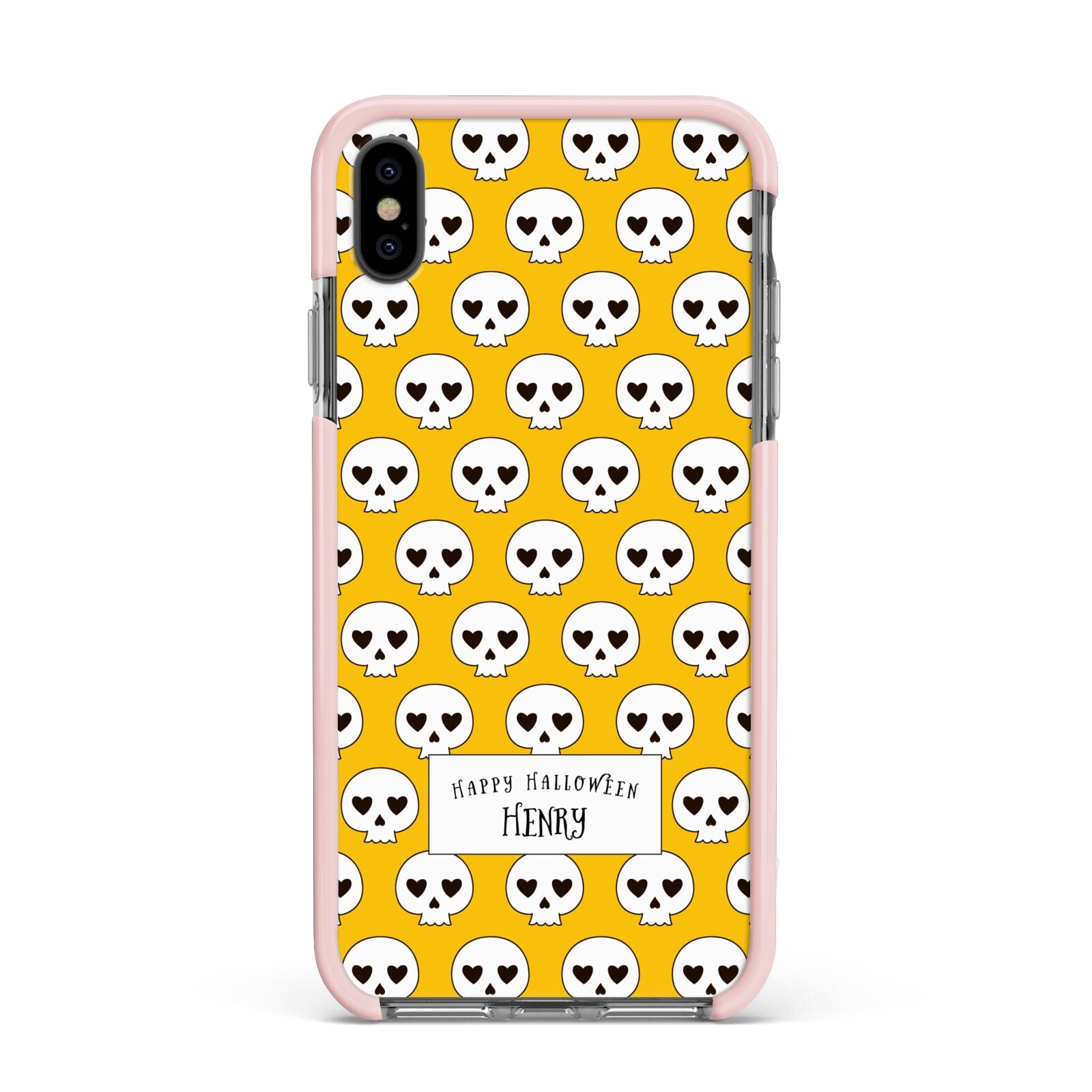 Personalised Halloween Heart Skulls Apple iPhone Xs Max Impact Case Pink Edge on Black Phone