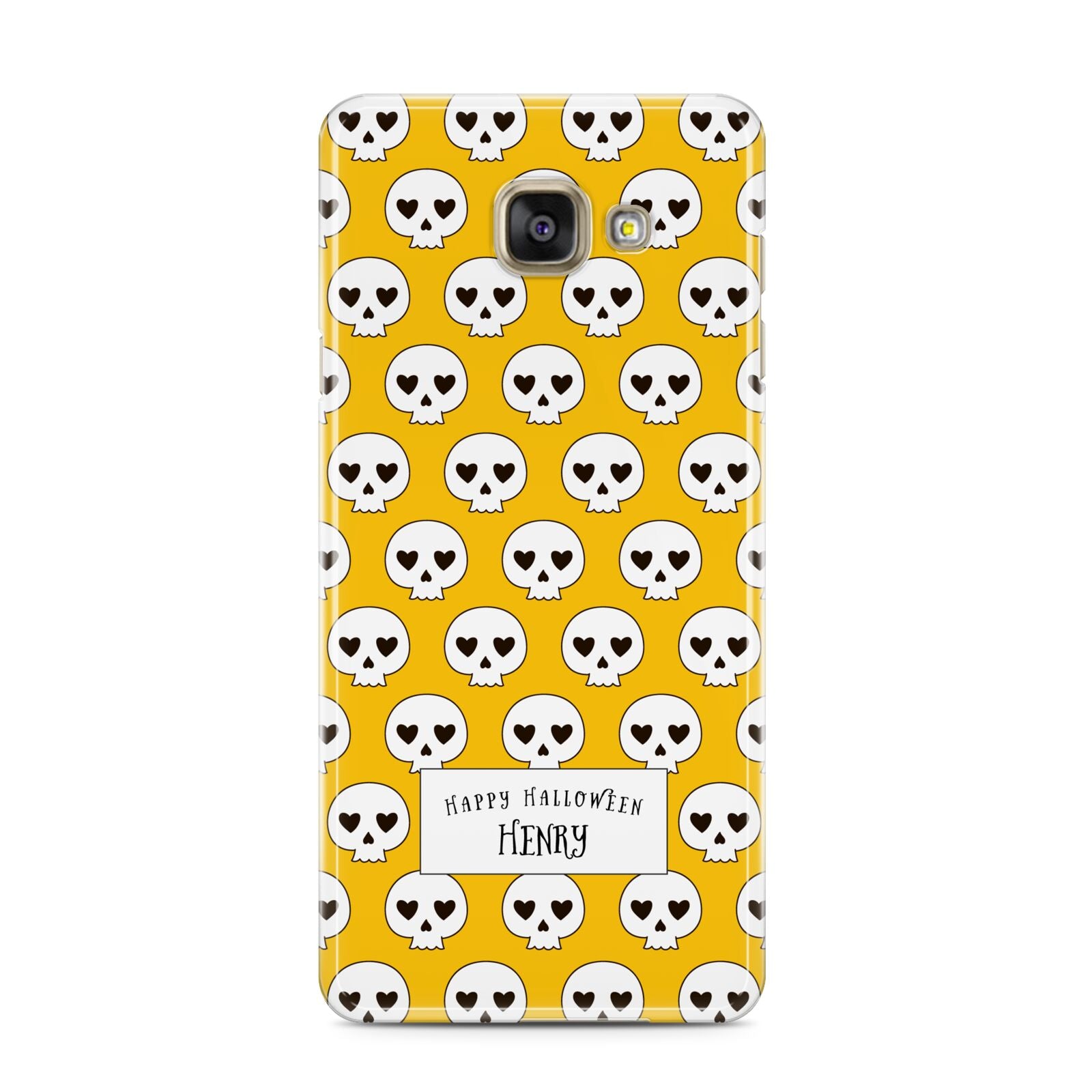 Personalised Halloween Heart Skulls Samsung Galaxy A3 2016 Case on gold phone