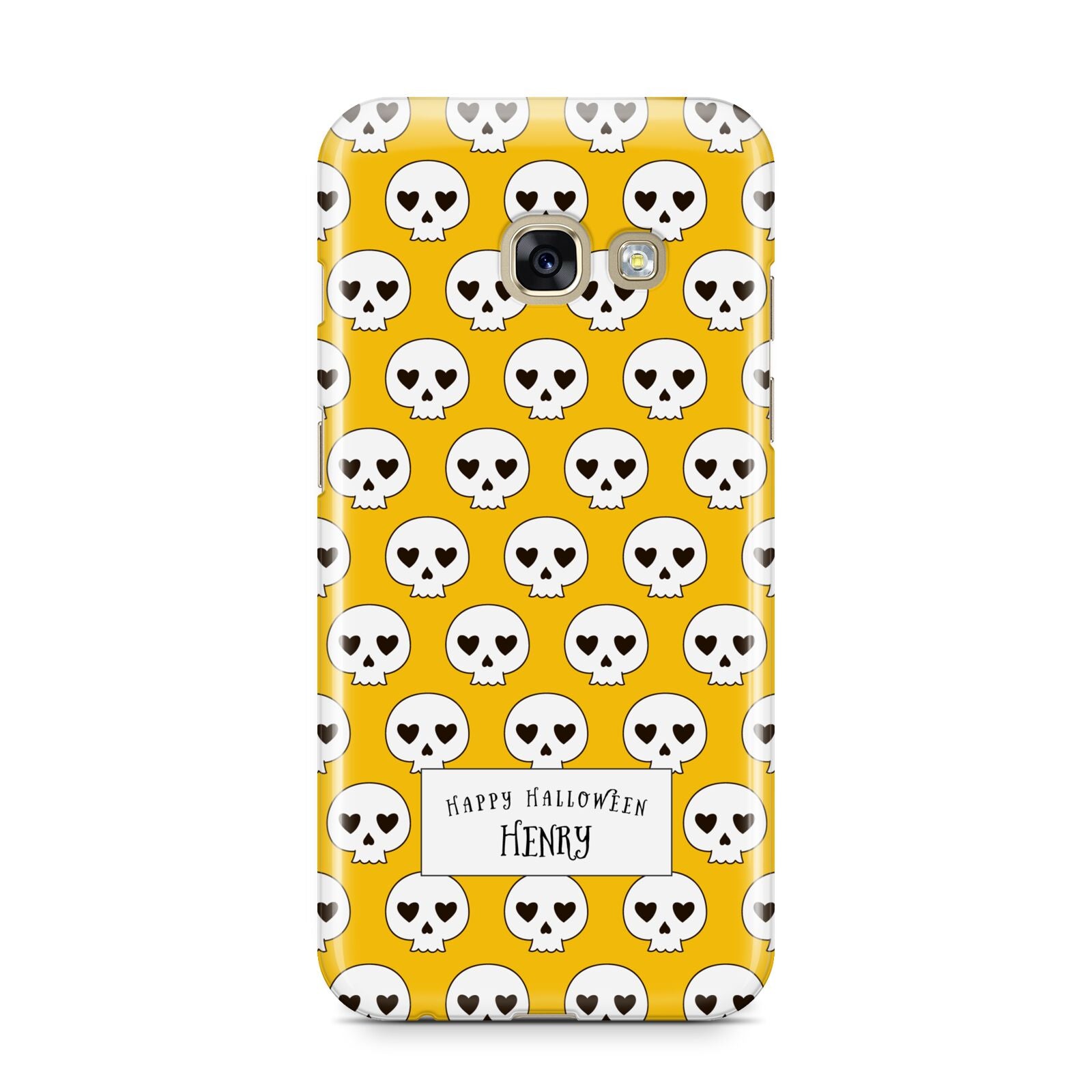 Personalised Halloween Heart Skulls Samsung Galaxy A3 2017 Case on gold phone