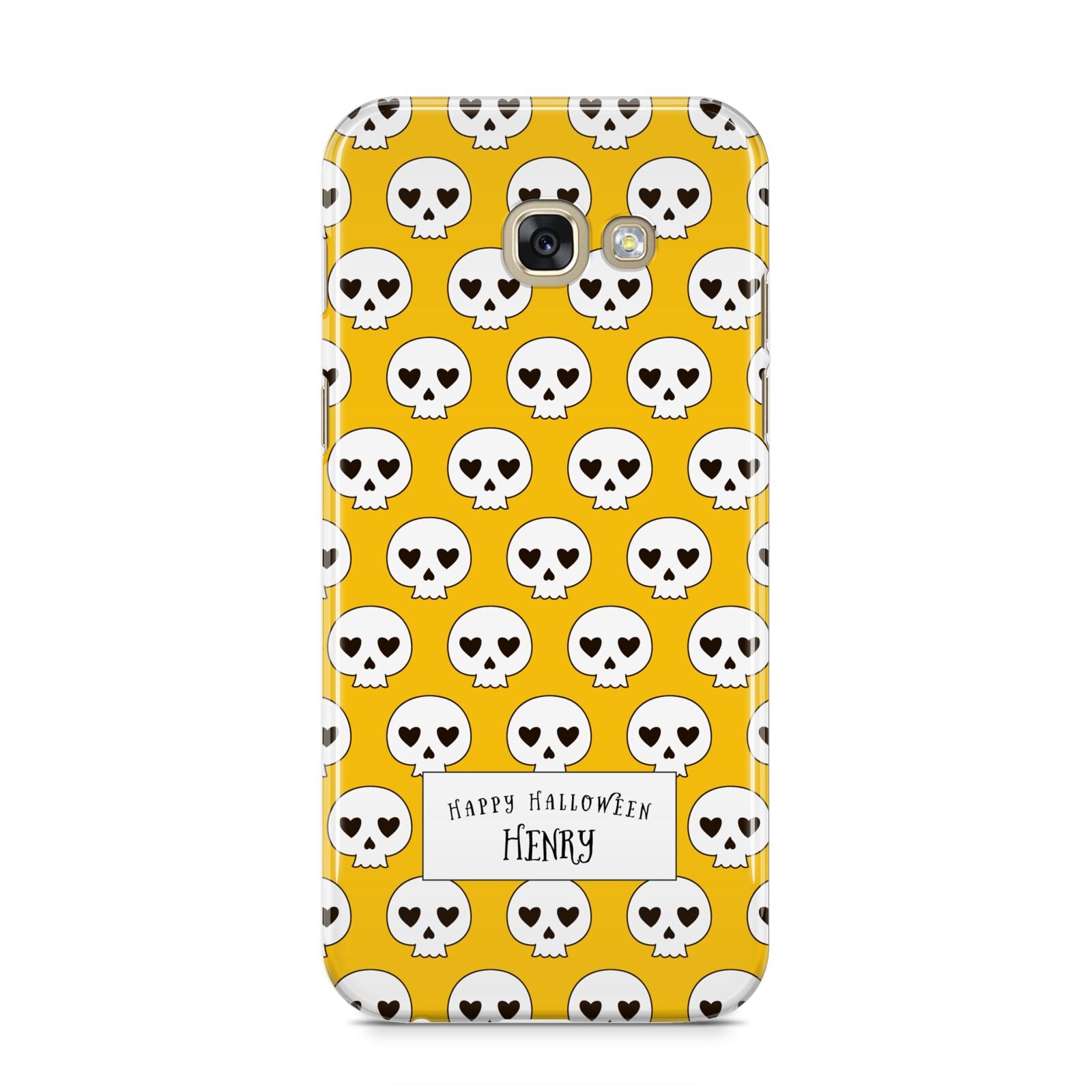 Personalised Halloween Heart Skulls Samsung Galaxy A5 2017 Case on gold phone