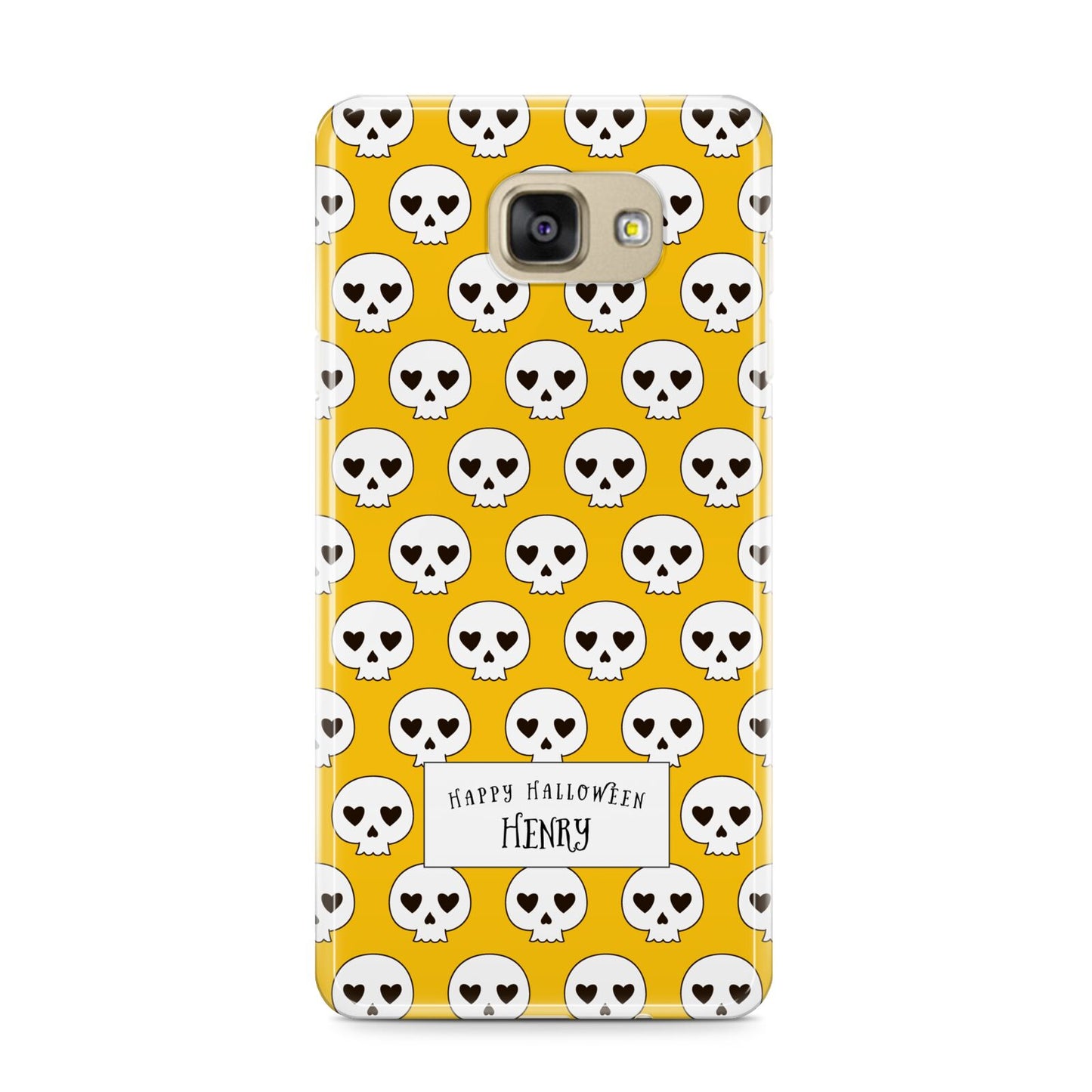 Personalised Halloween Heart Skulls Samsung Galaxy A9 2016 Case on gold phone