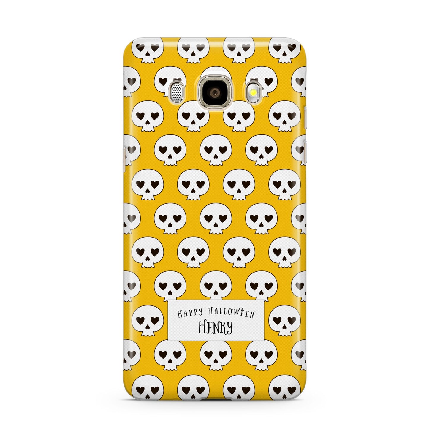 Personalised Halloween Heart Skulls Samsung Galaxy J7 2016 Case on gold phone