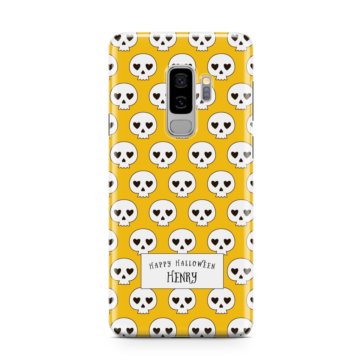 Personalised Halloween Heart Skulls Samsung Galaxy S9 Plus Case on Silver phone