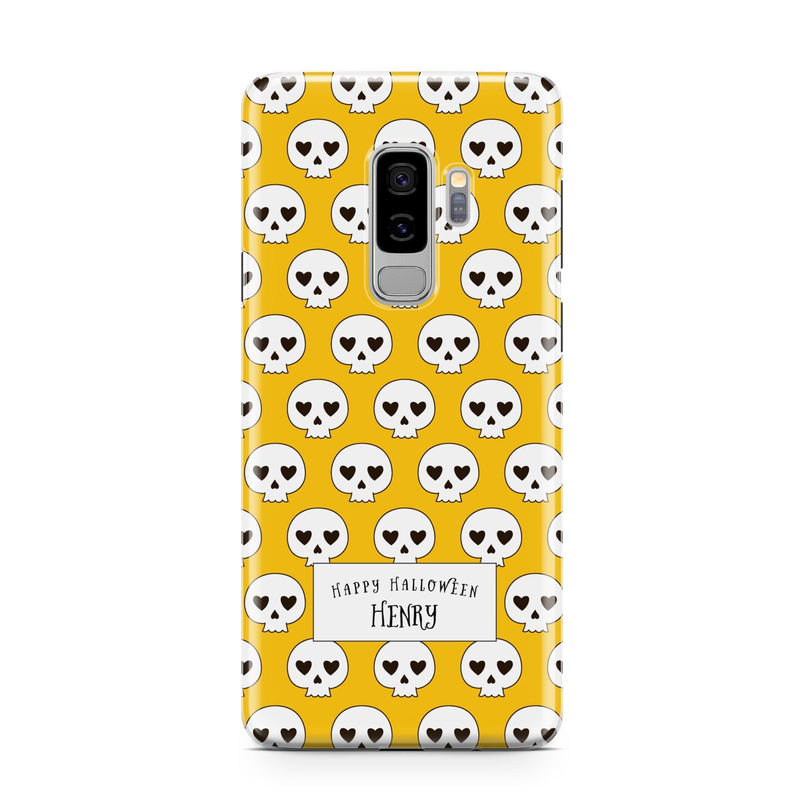 Personalised Halloween Heart Skulls Samsung Galaxy S9 Plus Case on Silver phone