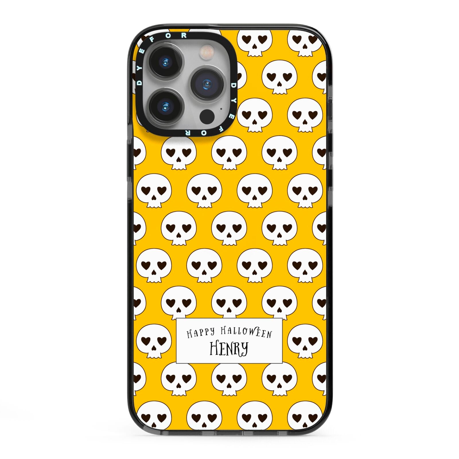 Personalised Halloween Heart Skulls iPhone 13 Pro Max Black Impact Case on Silver phone