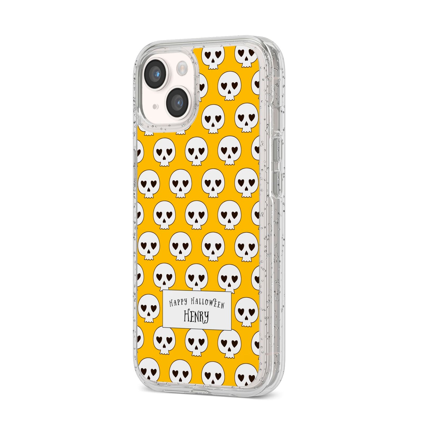 Personalised Halloween Heart Skulls iPhone 14 Glitter Tough Case Starlight Angled Image