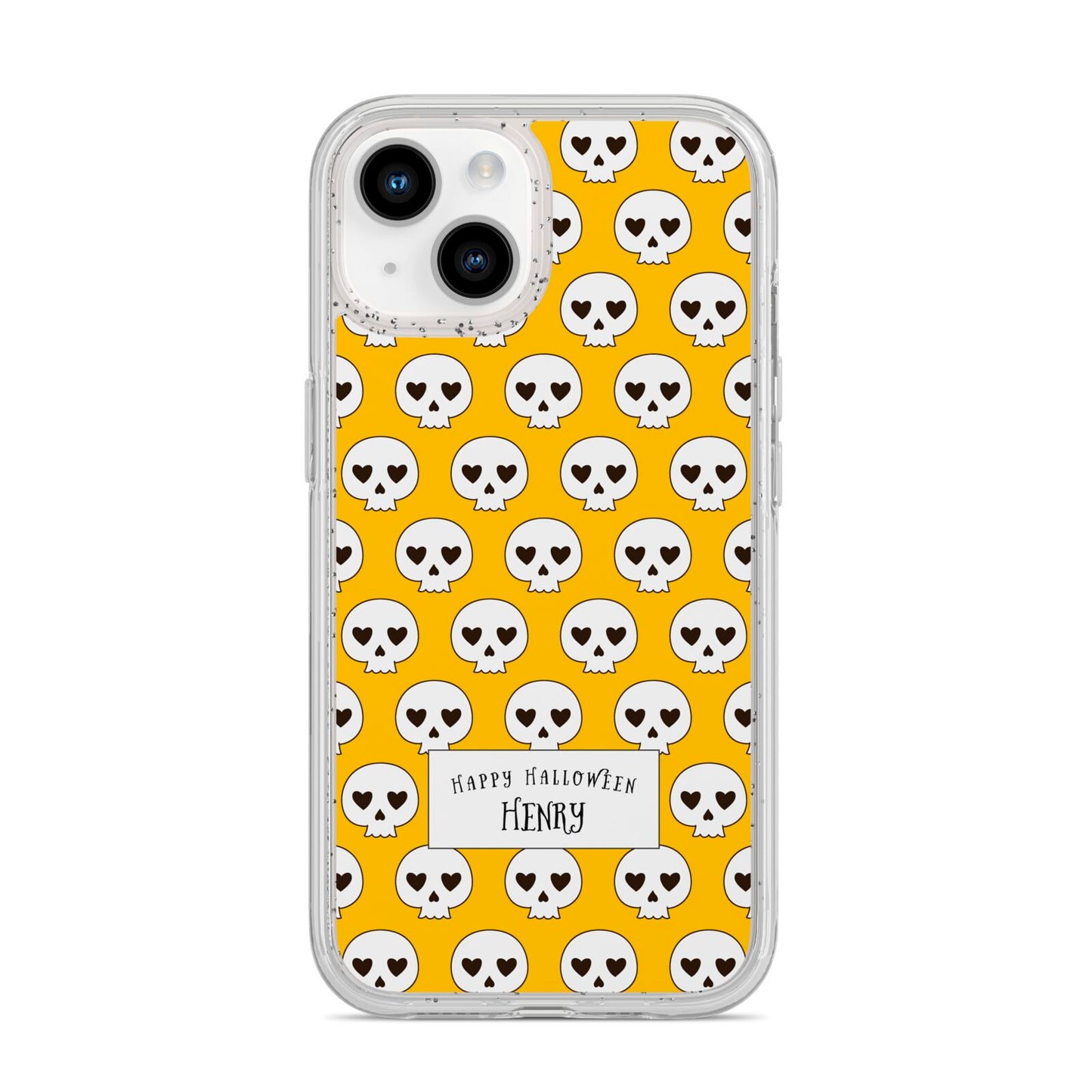 Personalised Halloween Heart Skulls iPhone 14 Glitter Tough Case Starlight