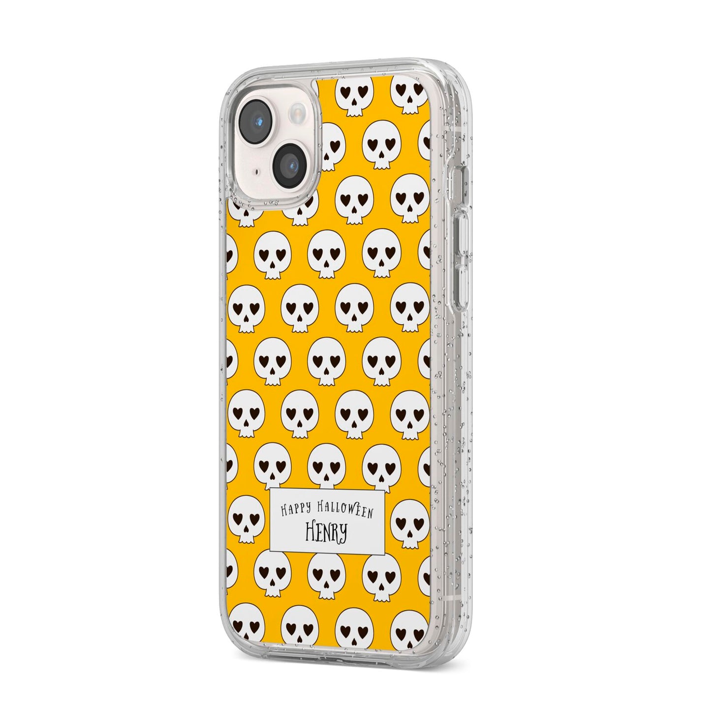 Personalised Halloween Heart Skulls iPhone 14 Plus Glitter Tough Case Starlight Angled Image