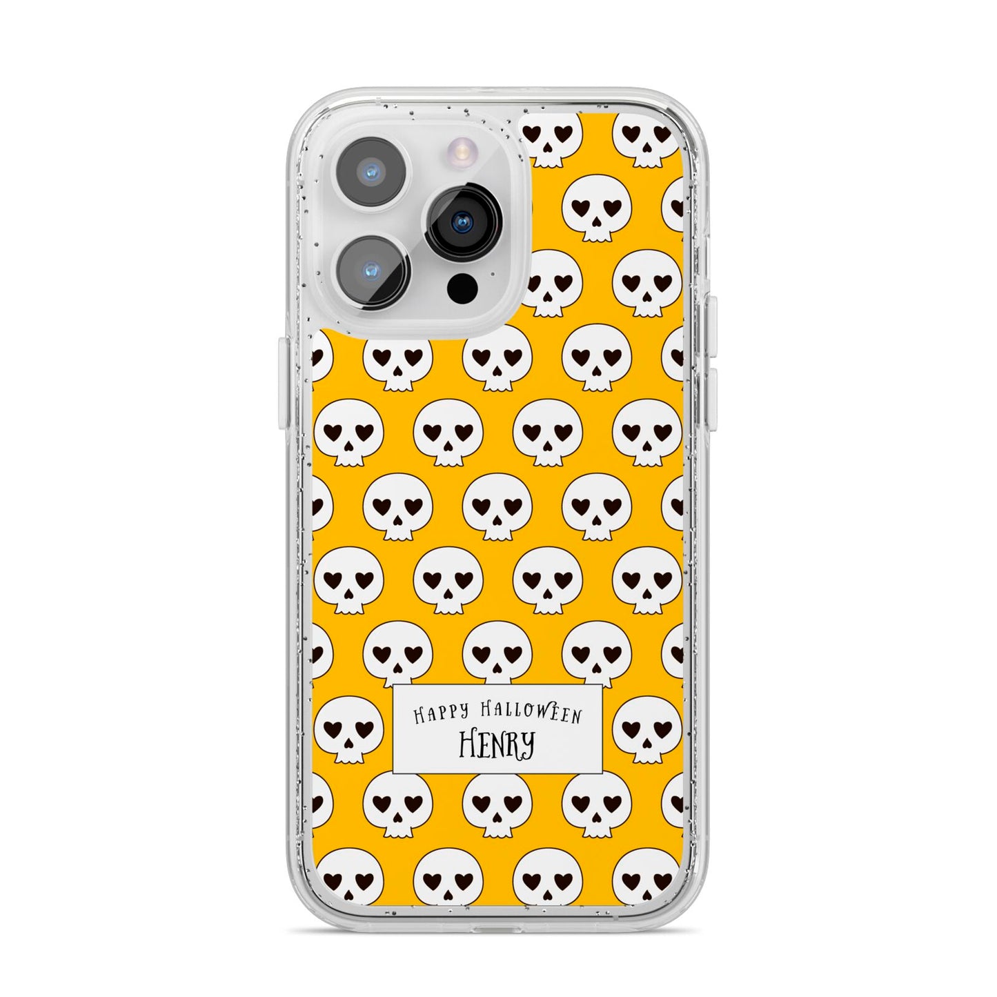 Personalised Halloween Heart Skulls iPhone 14 Pro Max Glitter Tough Case Silver