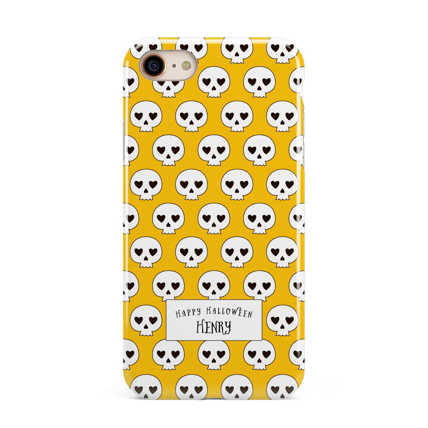 Personalised Halloween Heart Skulls iPhone 8 3D Tough Case on Gold Phone