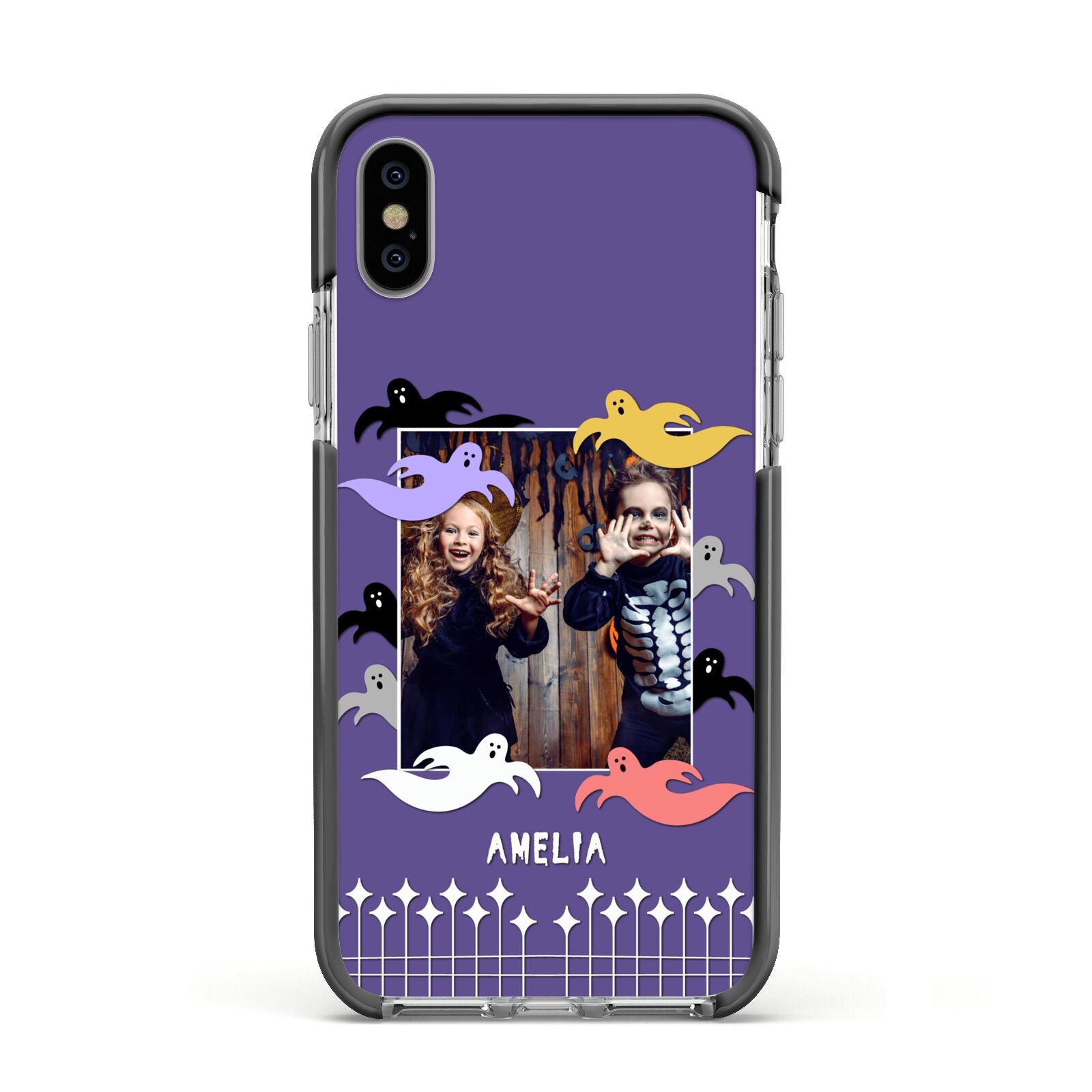 Personalised Halloween Photo Upload Apple iPhone Xs Impact Case Black Edge on Silver Phone