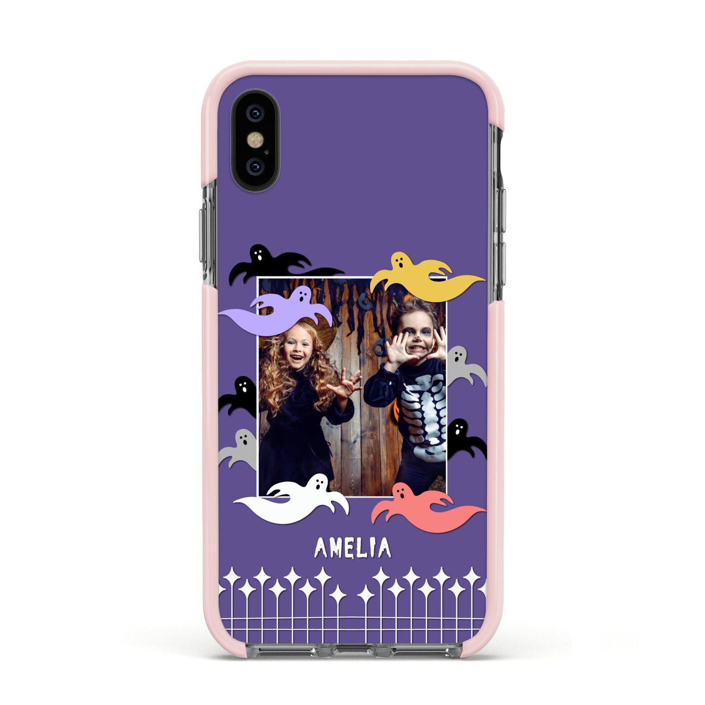 Personalised Halloween Photo Upload Apple iPhone Xs Impact Case Pink Edge on Black Phone