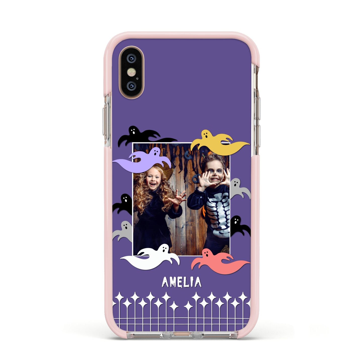 Personalised Halloween Photo Upload Apple iPhone Xs Impact Case Pink Edge on Gold Phone