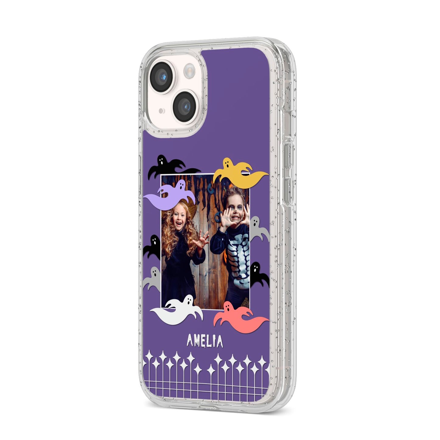 Personalised Halloween Photo Upload iPhone 14 Glitter Tough Case Starlight Angled Image