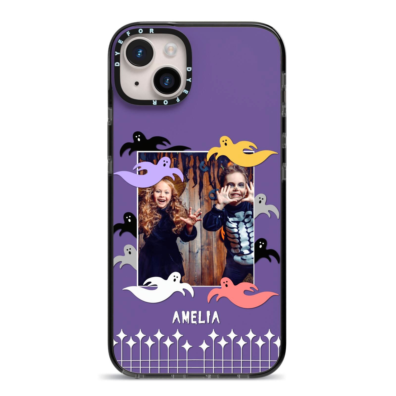 Personalised Halloween Photo Upload iPhone 14 Plus Black Impact Case on Silver phone