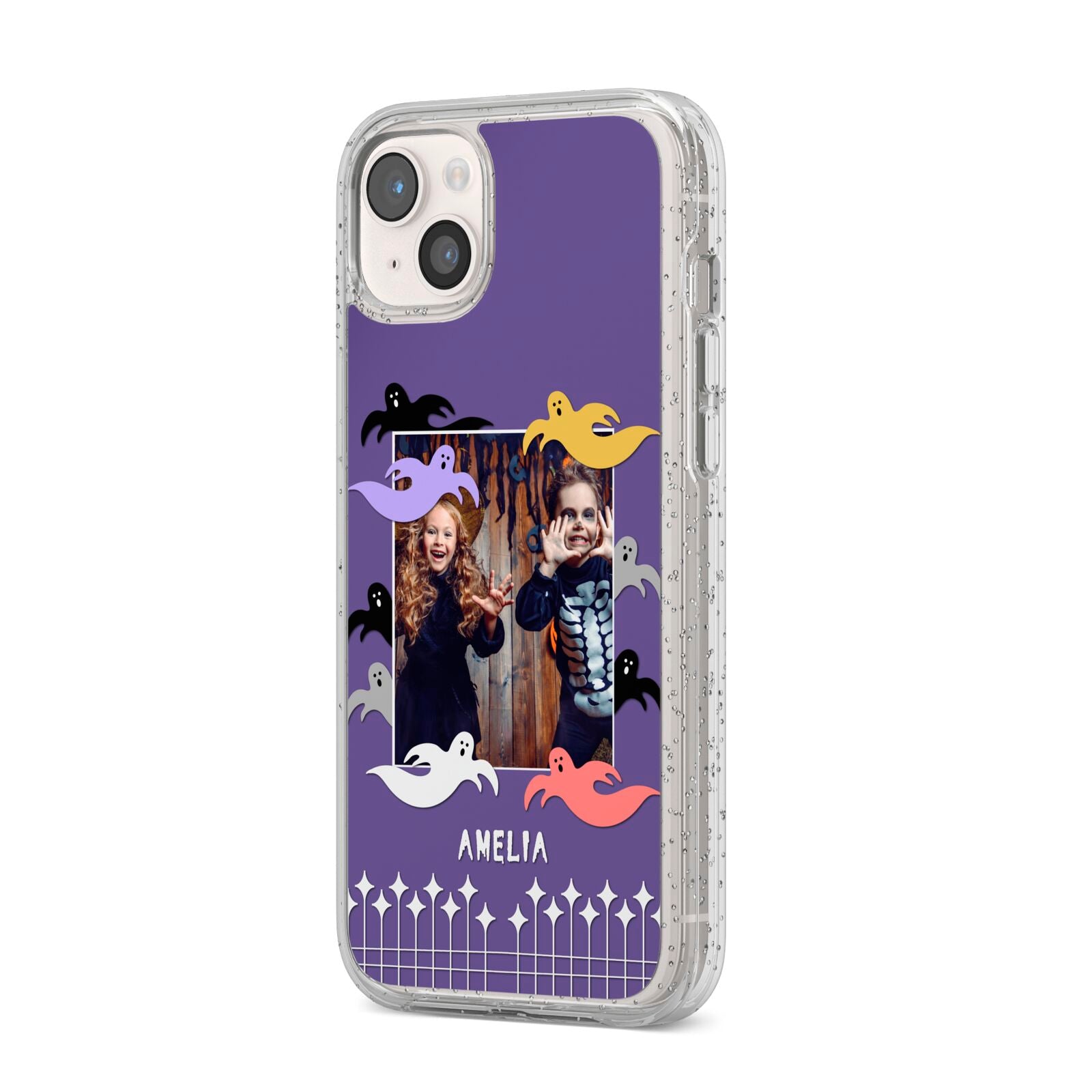 Personalised Halloween Photo Upload iPhone 14 Plus Glitter Tough Case Starlight Angled Image