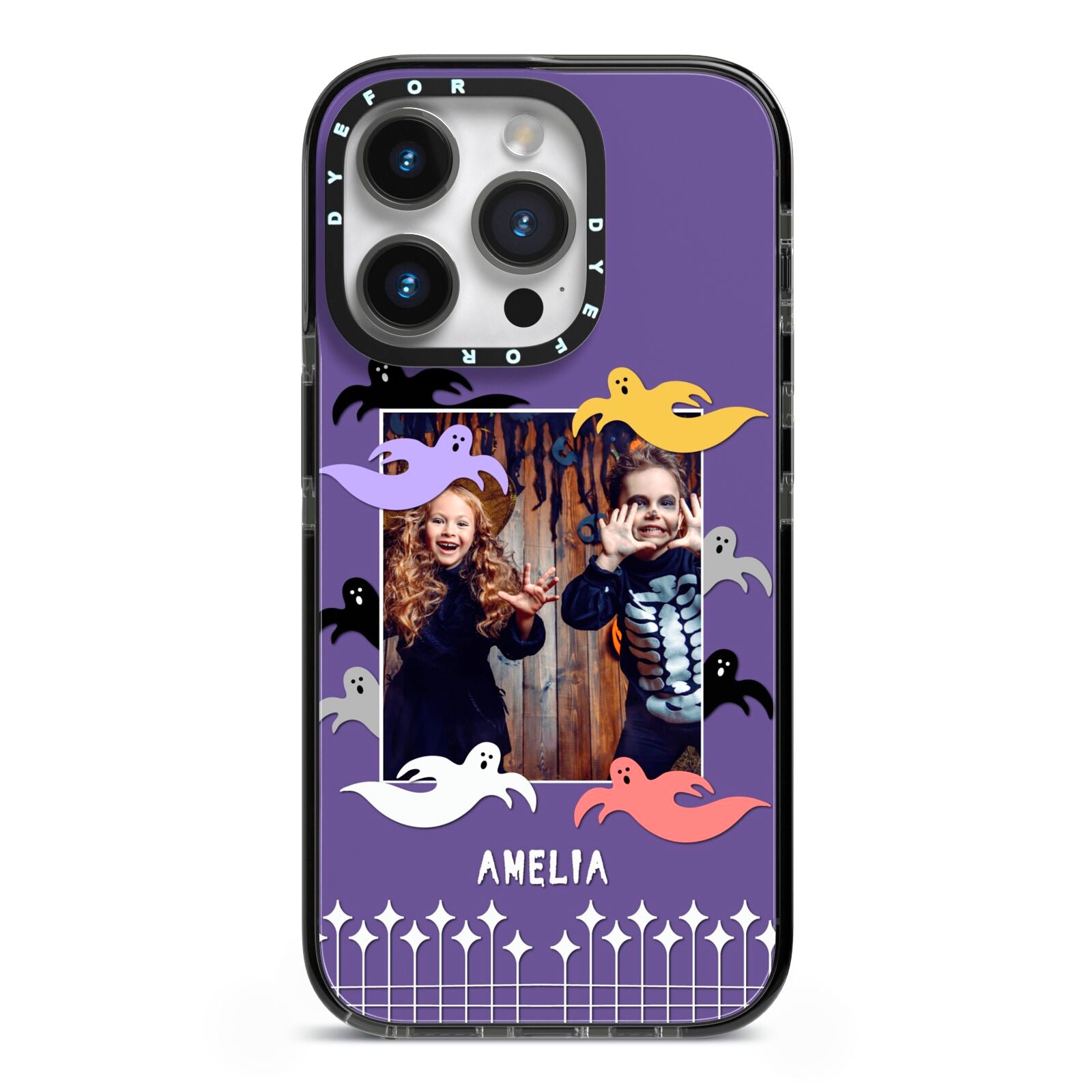 Personalised Halloween Photo Upload iPhone 14 Pro Black Impact Case on Silver phone