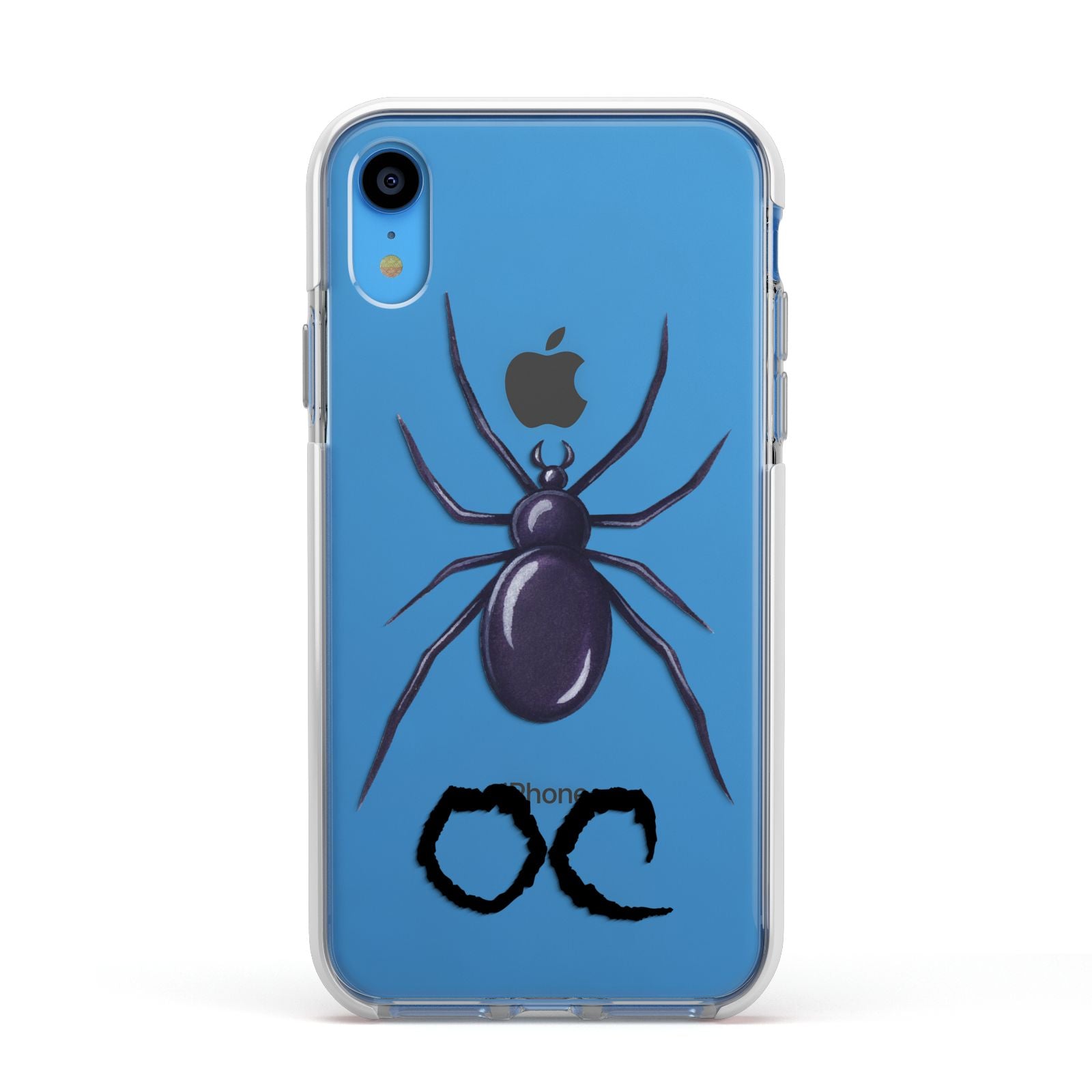 Personalised Halloween Spider Apple iPhone XR Impact Case White Edge on Blue Phone