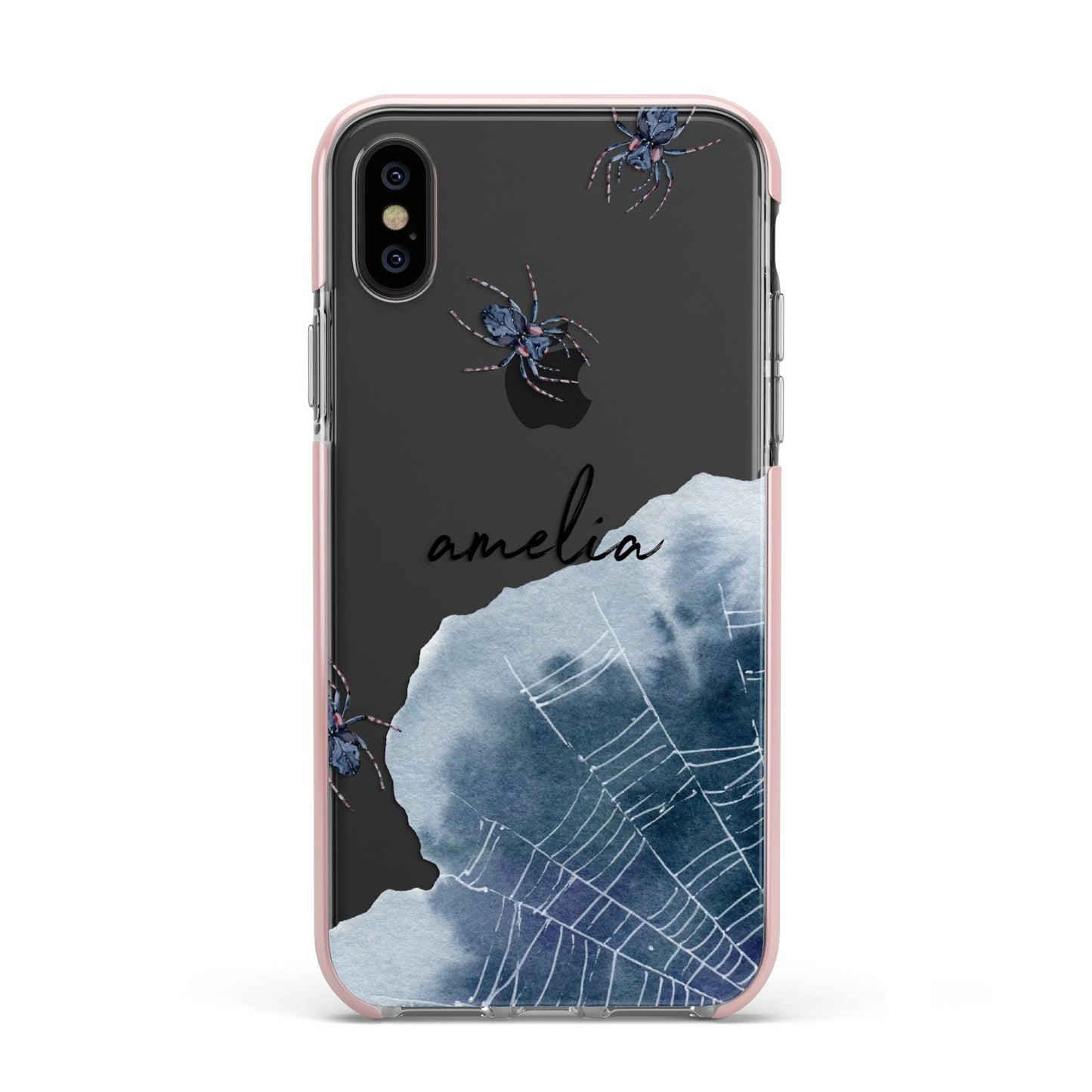 Personalised Halloween Spider Web Apple iPhone Xs Impact Case Pink Edge on Black Phone