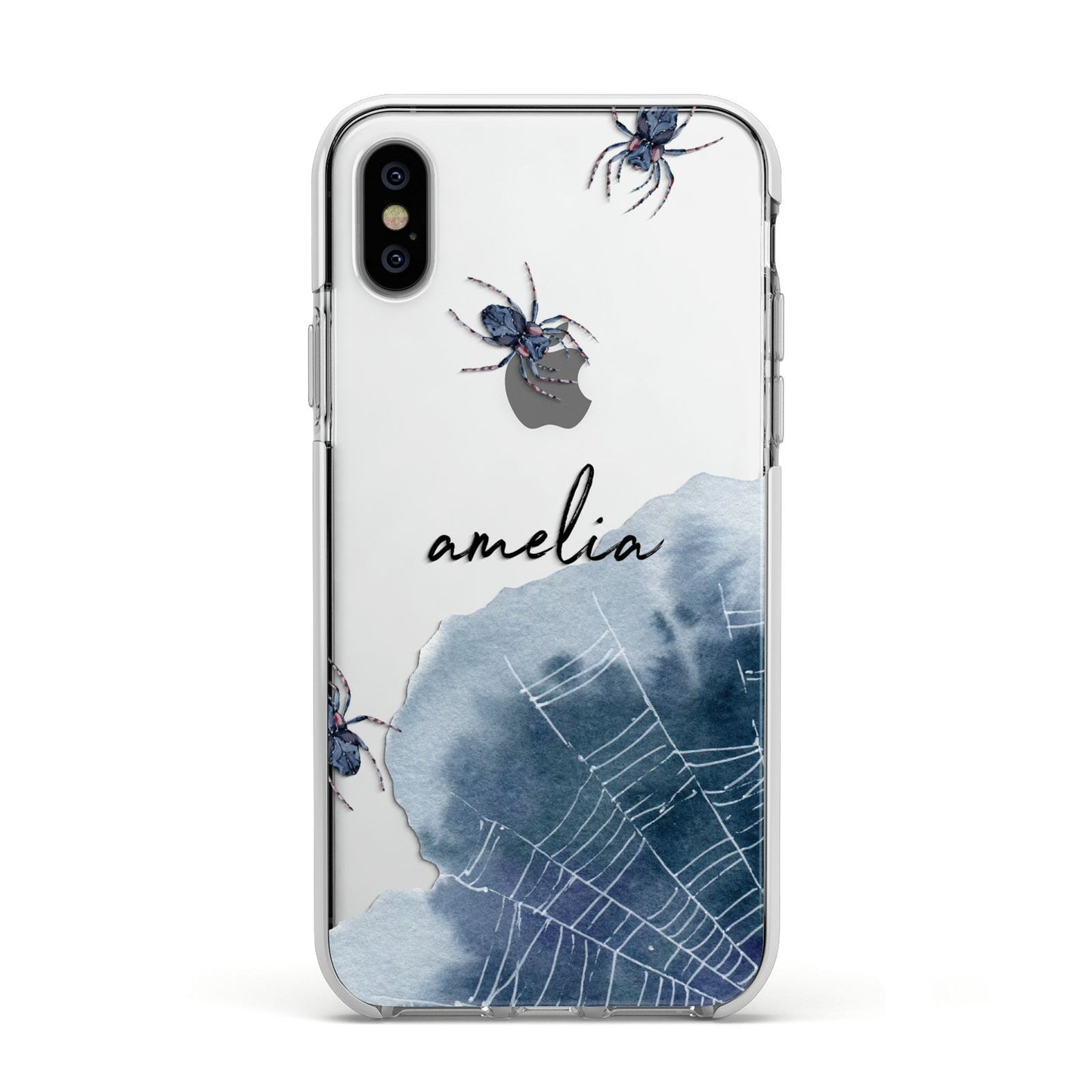 Personalised Halloween Spider Web Apple iPhone Xs Impact Case White Edge on Silver Phone