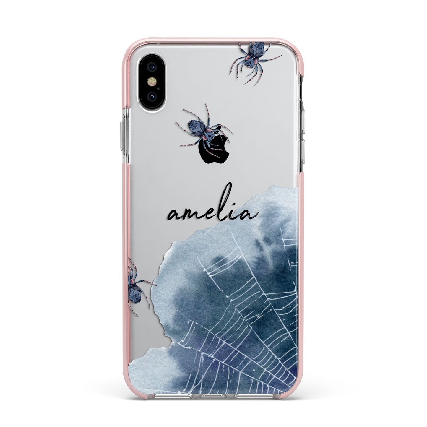 Personalised Halloween Spider Web Apple iPhone Xs Max Impact Case Pink Edge on Silver Phone