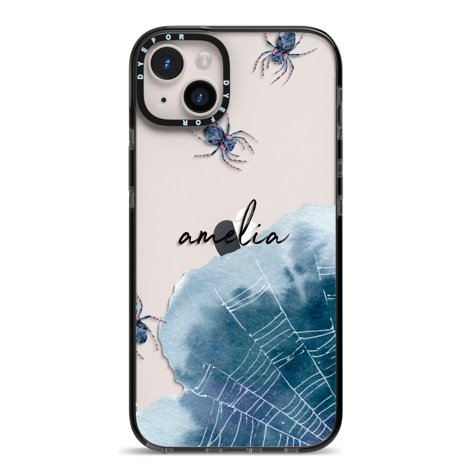 Personalised Halloween Spider Web iPhone 14 Plus Black Impact Case on Silver phone