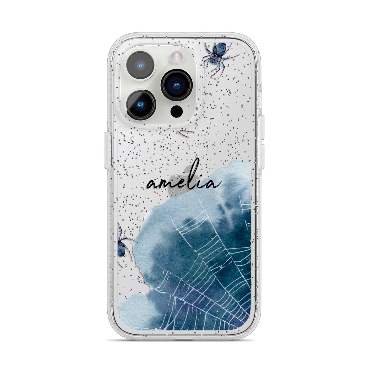 Personalised Halloween Spider Web iPhone 14 Pro Glitter Tough Case Silver