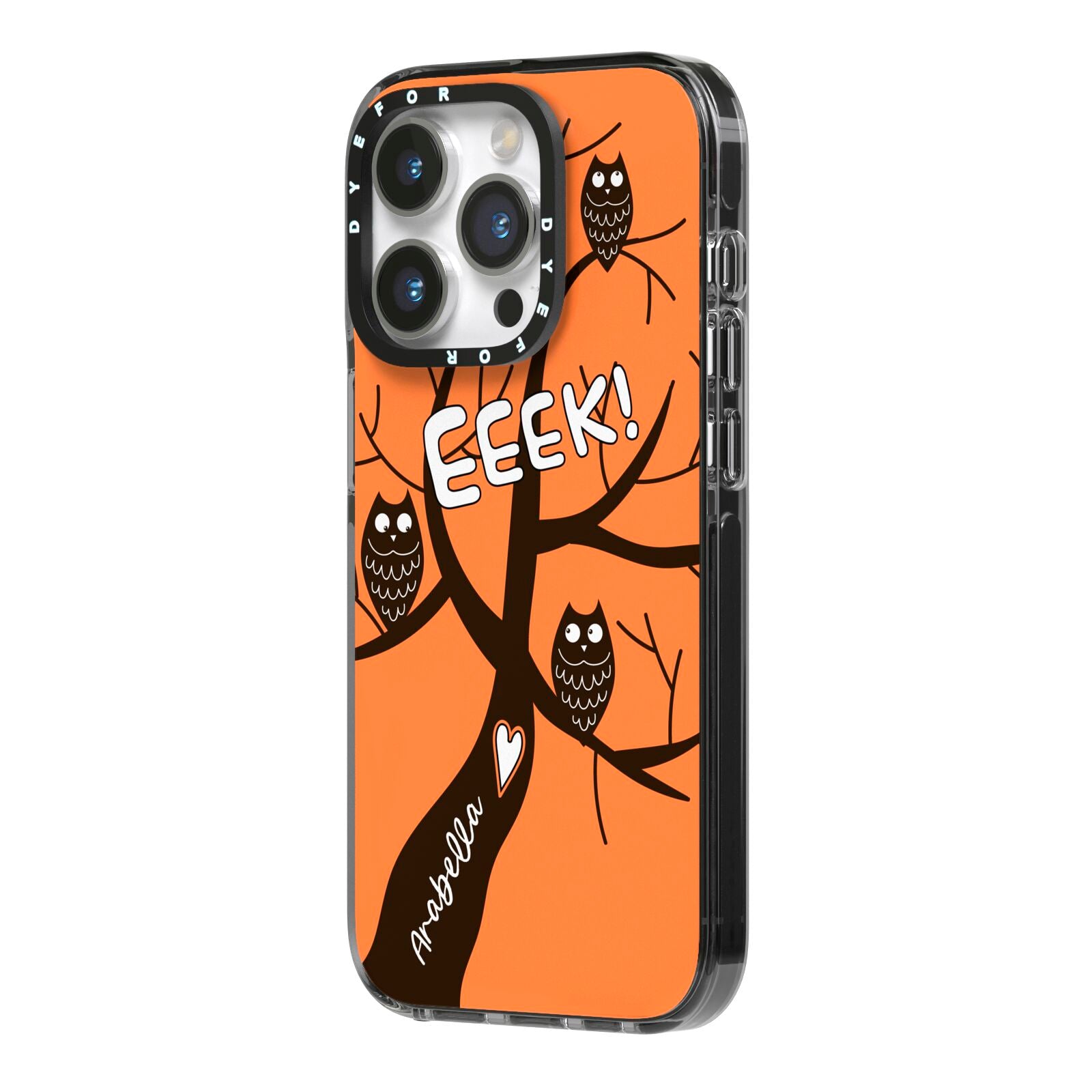 Personalised Halloween Tree iPhone 14 Pro Black Impact Case Side Angle on Silver phone