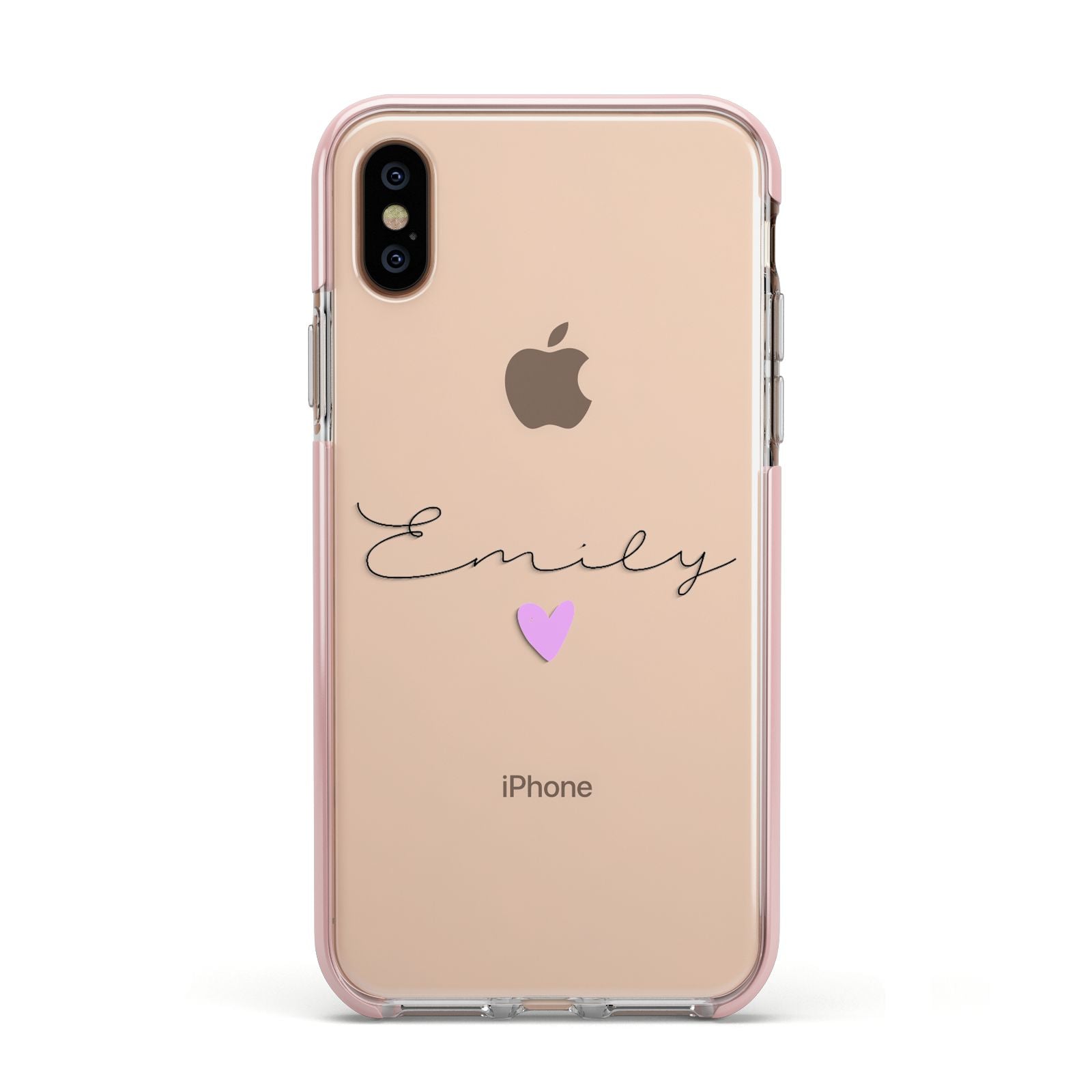 Personalised Handwritten Name Heart Clear Custom Apple iPhone Xs Impact Case Pink Edge on Gold Phone