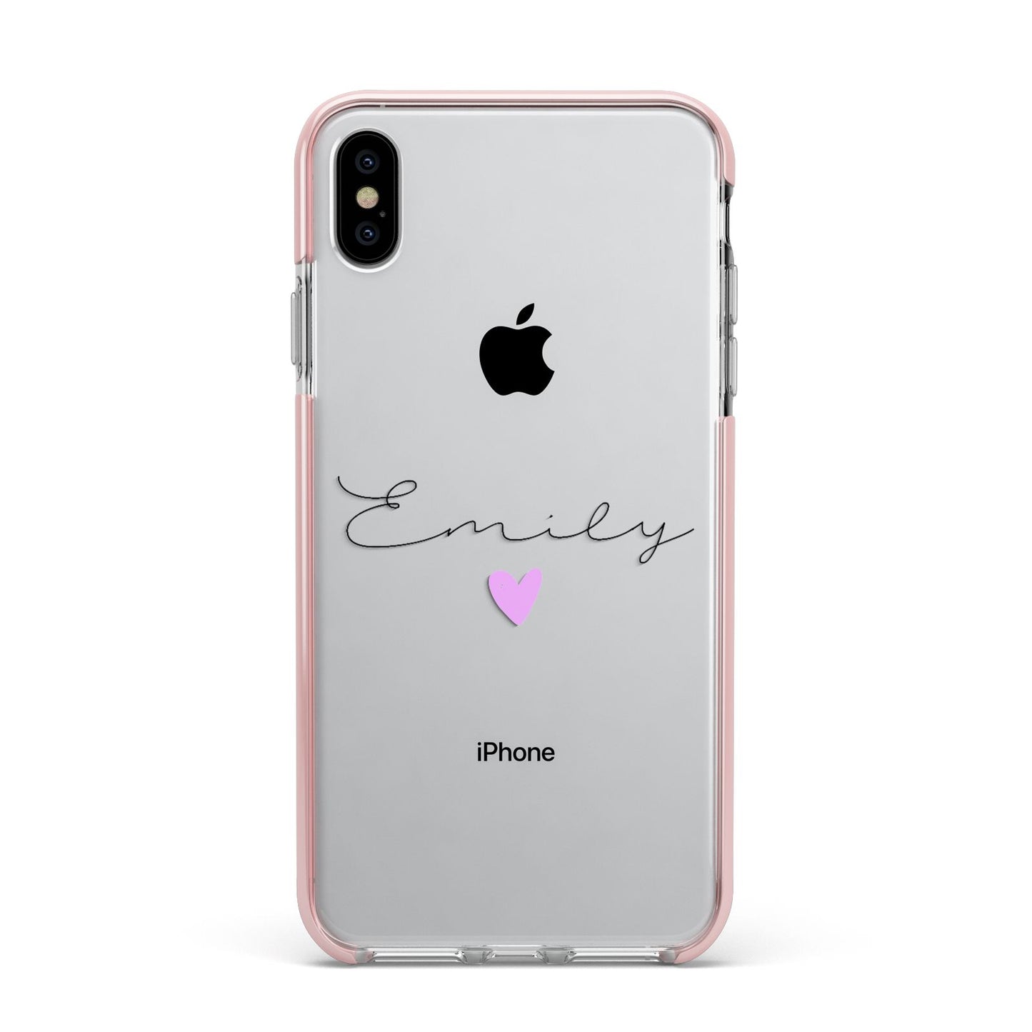 Personalised Handwritten Name Heart Clear Custom Apple iPhone Xs Max Impact Case Pink Edge on Silver Phone