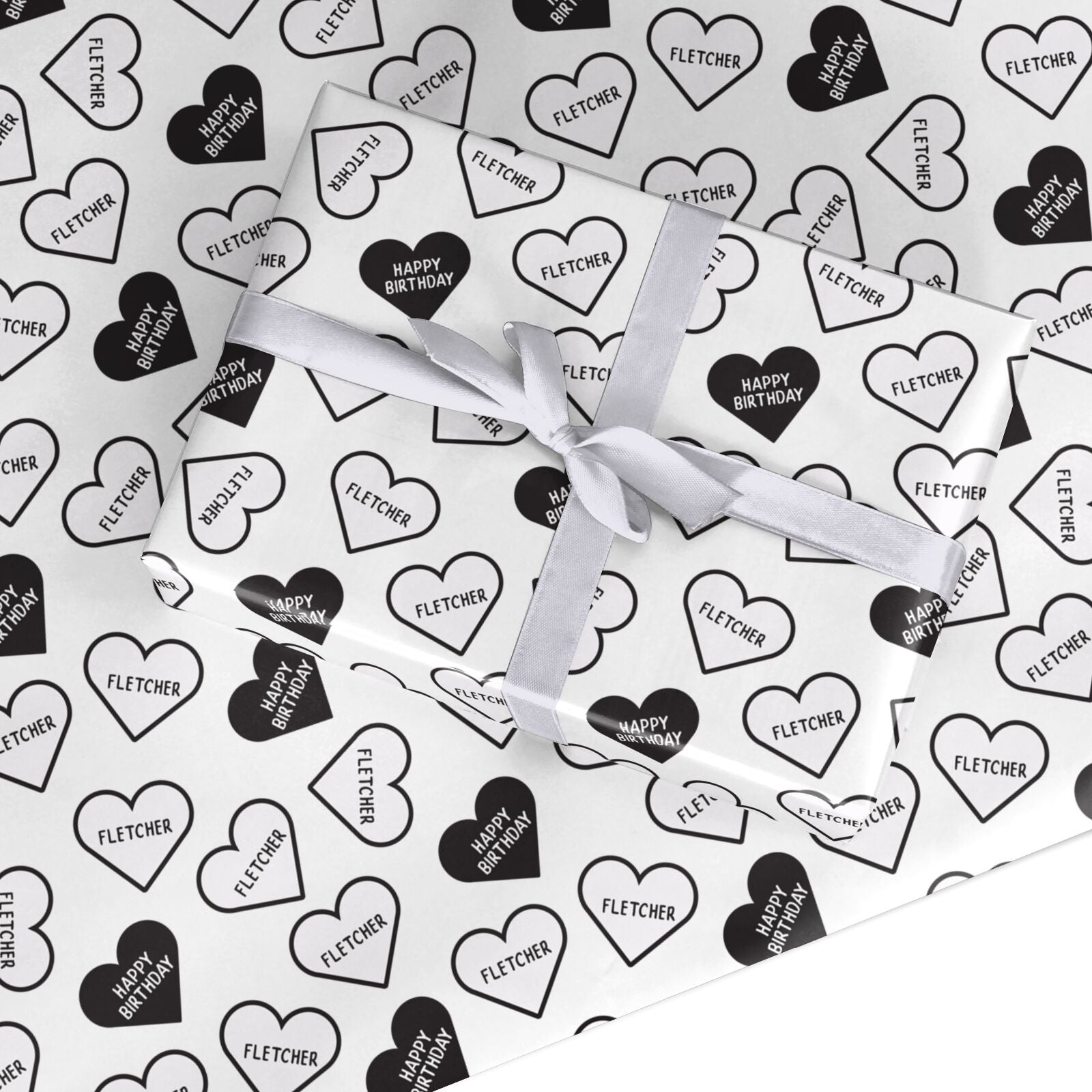 Personalised Happy Birthday Monochrome Hearts Custom Wrapping Paper