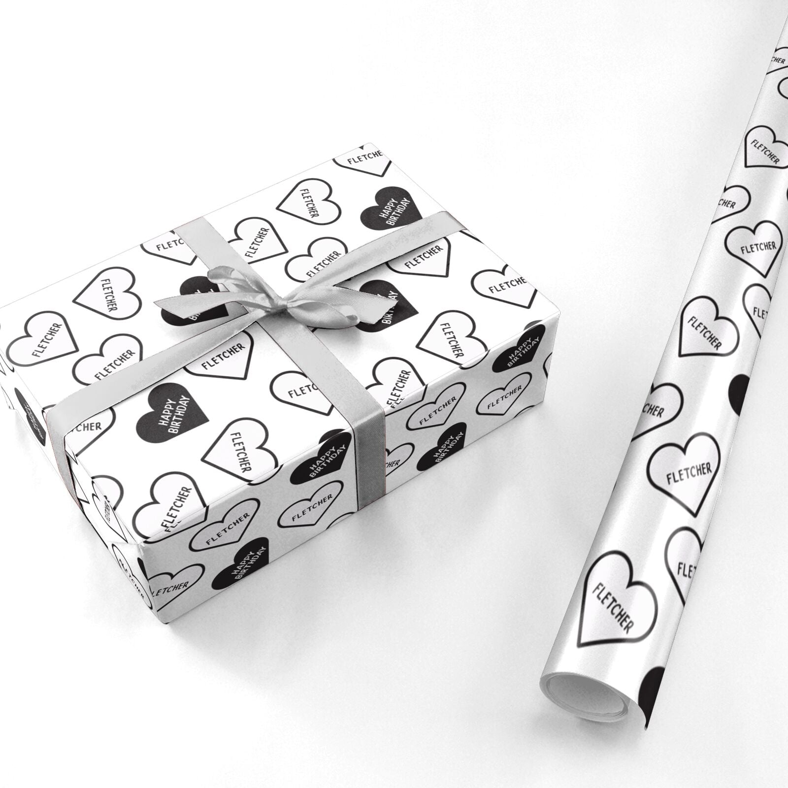 Personalised Happy Birthday Monochrome Hearts Personalised Wrapping Paper