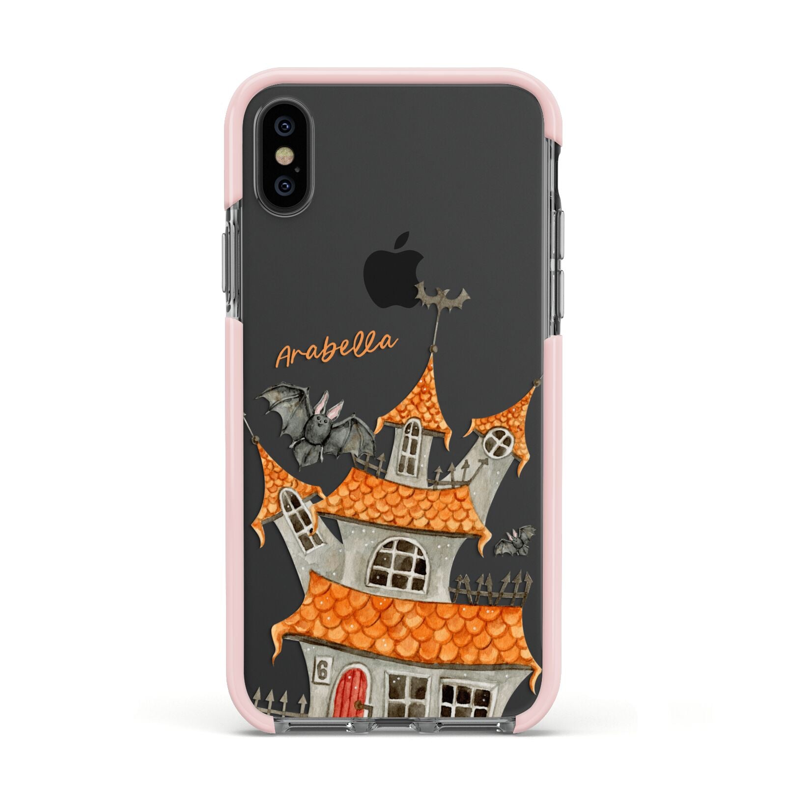 Personalised Haunted House Apple iPhone Xs Impact Case Pink Edge on Black Phone