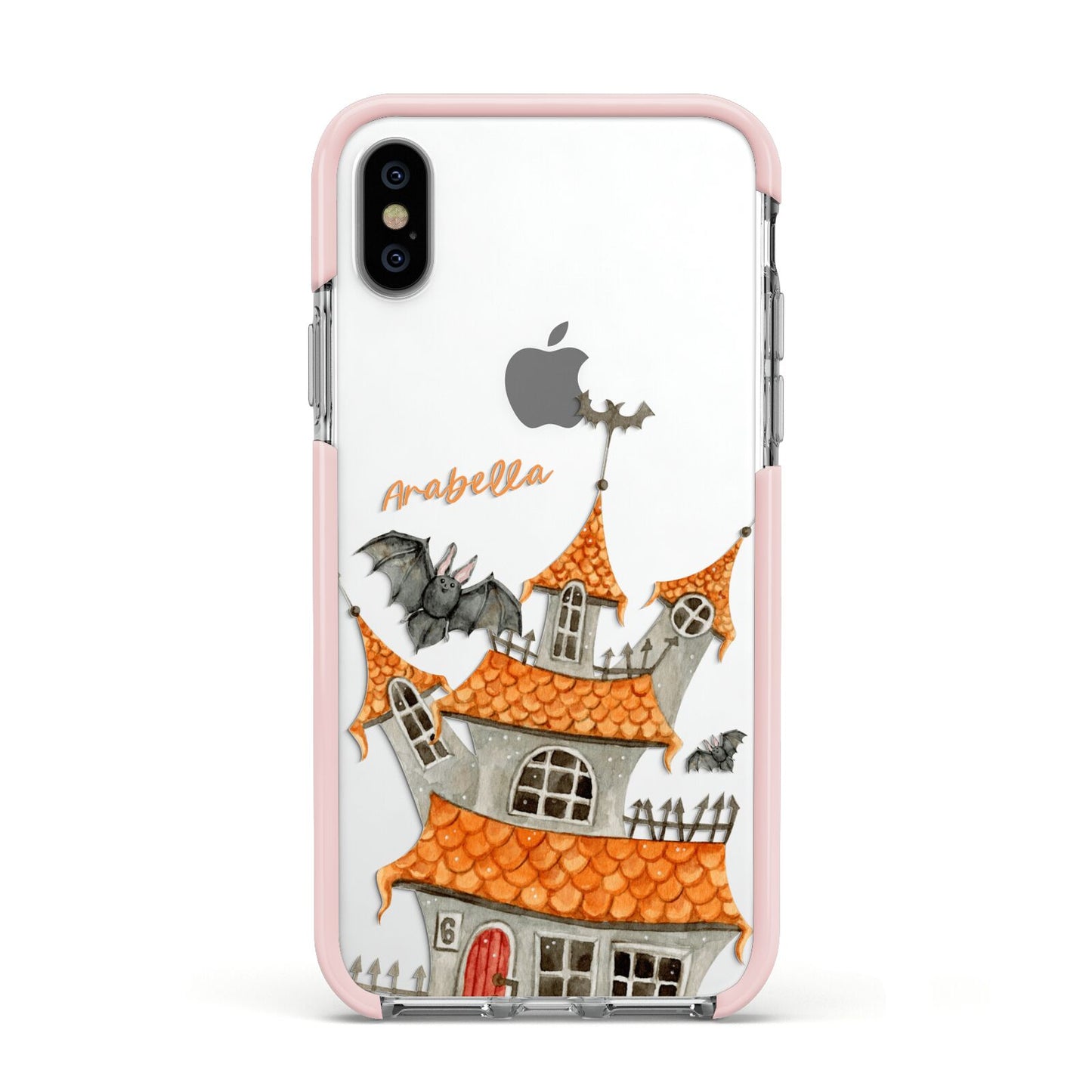 Personalised Haunted House Apple iPhone Xs Impact Case Pink Edge on Silver Phone